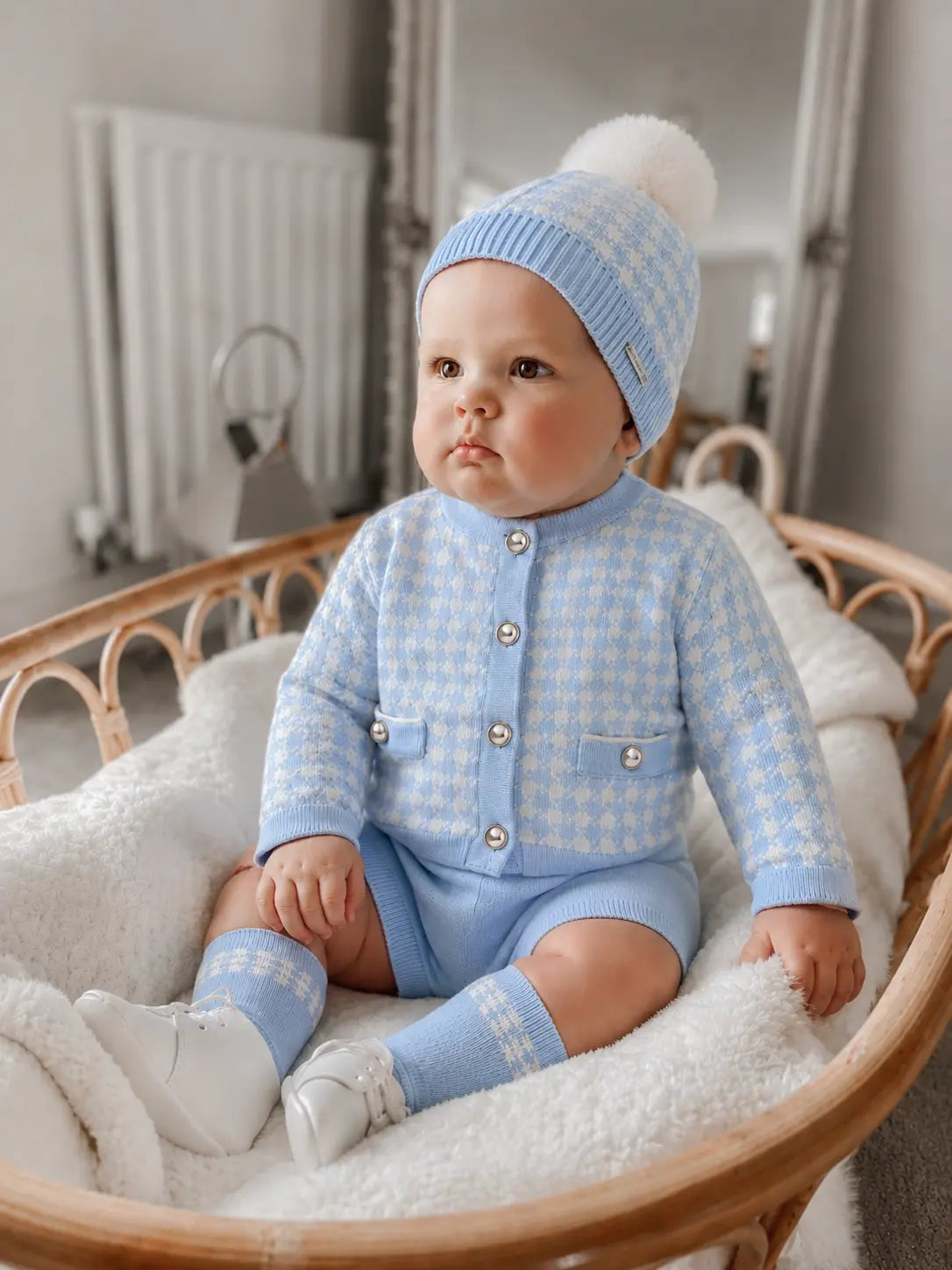 AW26 Rahigo boys exclusive baby blue knit cardigan, shirt, shorts, hat and socks outfit 12 months to 5 years