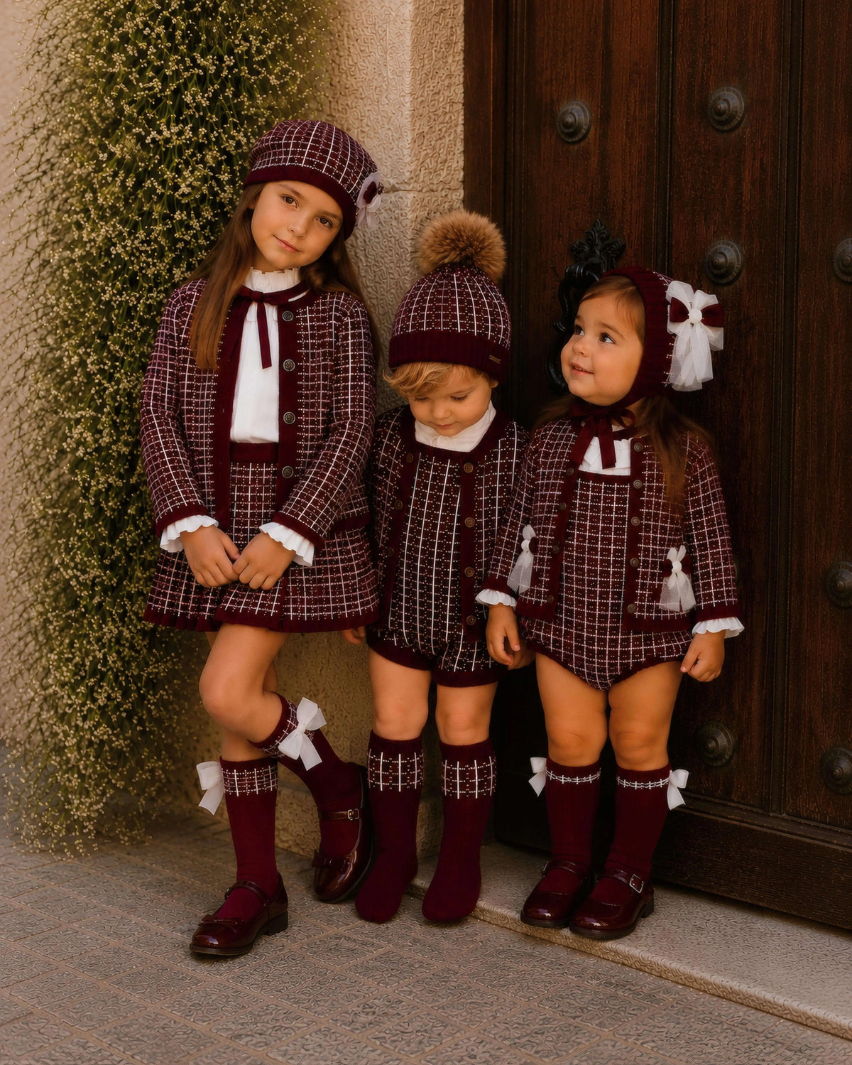 AW26 Rahigo Burgundy Knit Skirt Set with Cardigan, Beret & Socks Rahigo Moda Infantil