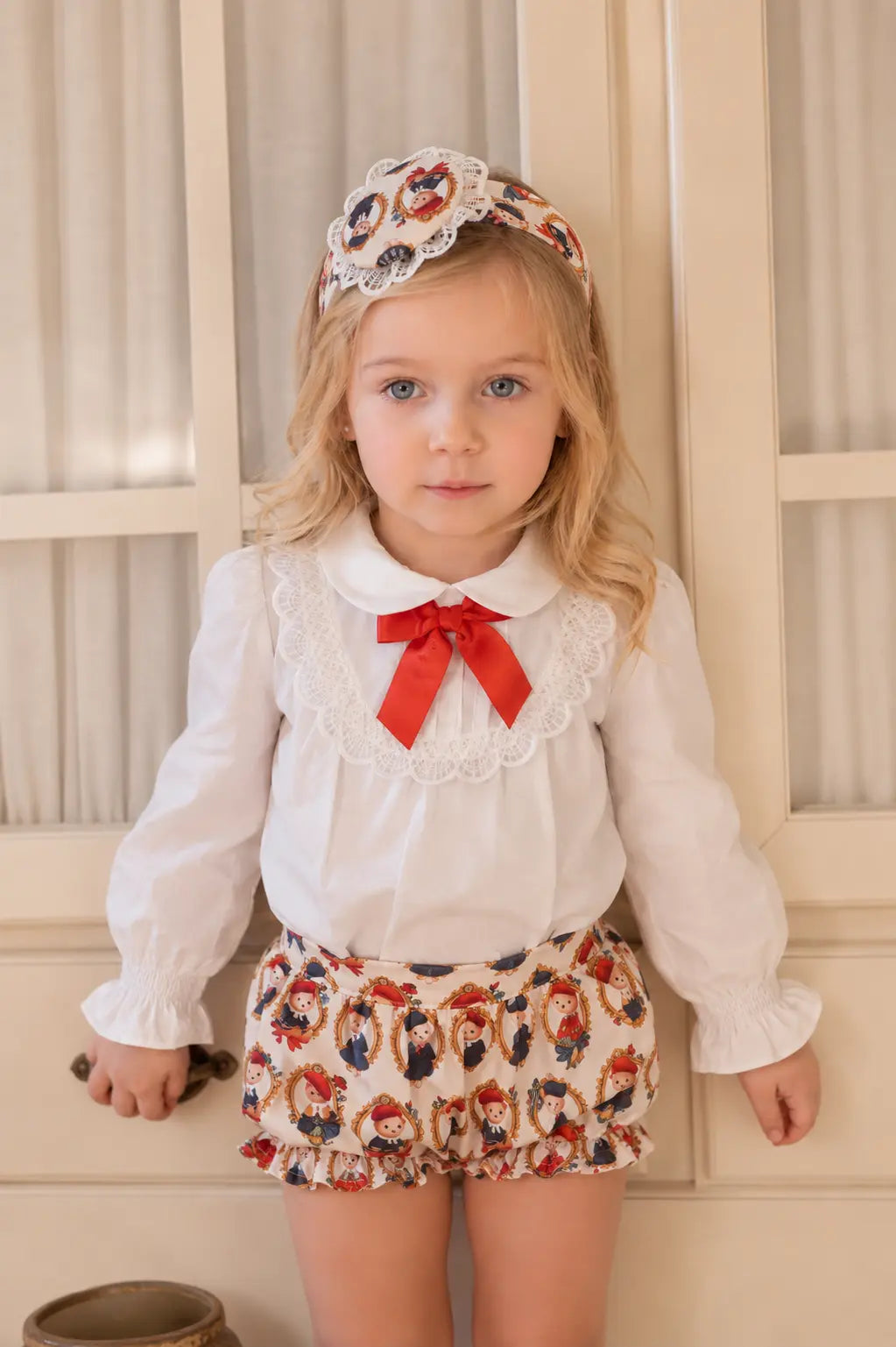AW26 Rochy baby girls cream red and navy teddy bear print jam pant set with white lace blouse, red bow and adjustable waist, sizes 3 months to 4 years