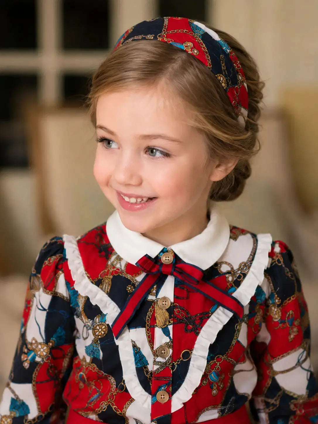 AW26 Rochy girls D&G-inspired red navy cream and gold chains print matching headband hair accessory