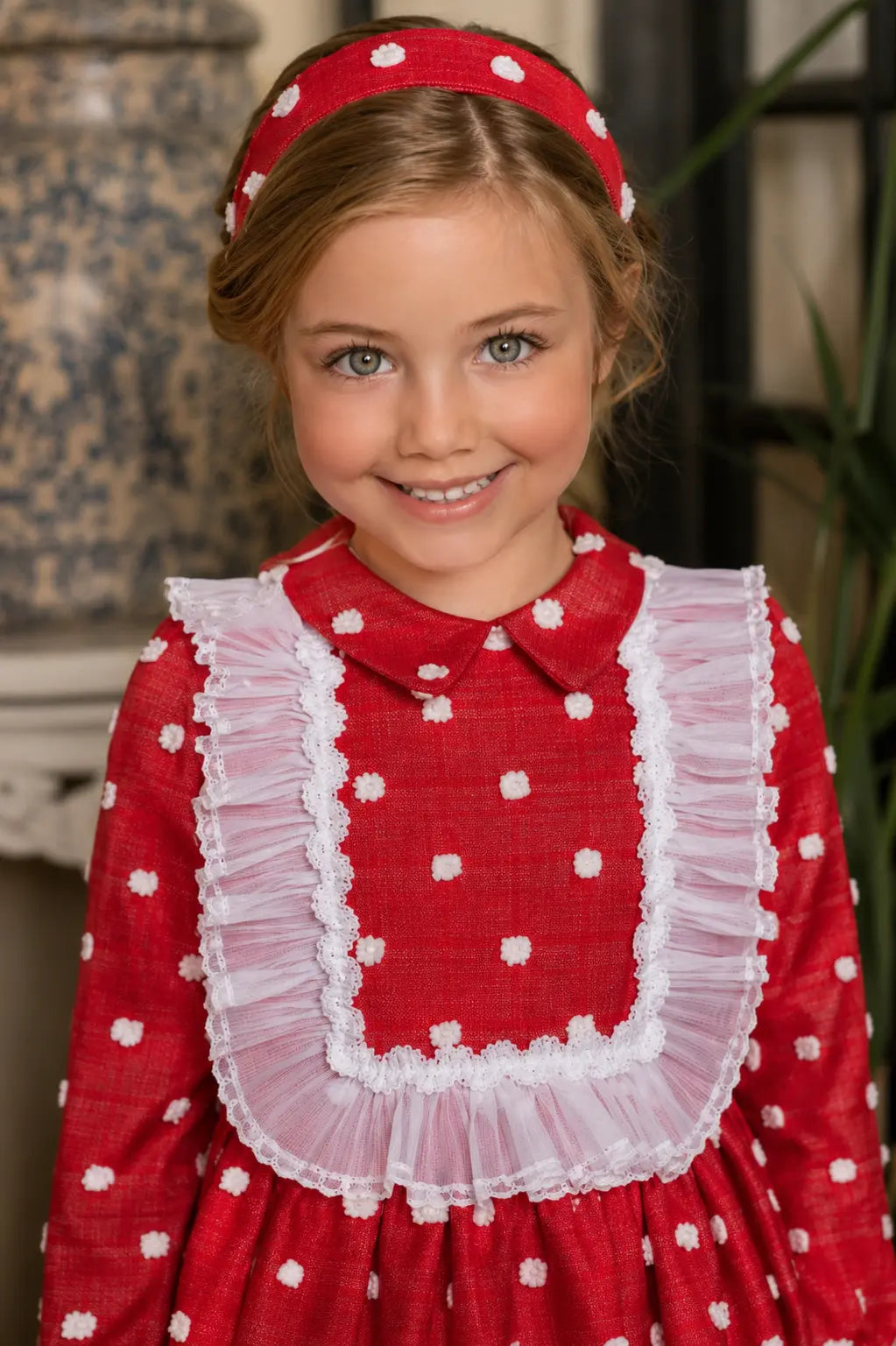 AW26 Rochy girls red headband with 3D white spot detailing matching Spanish designer dress
