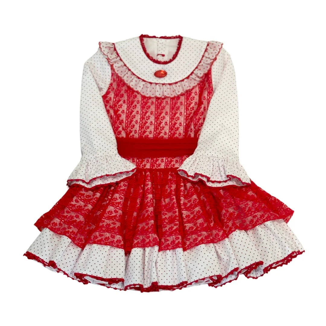 Red and white vintage-style girls dress with lace, polka dots, ruffled collar and cuffs
