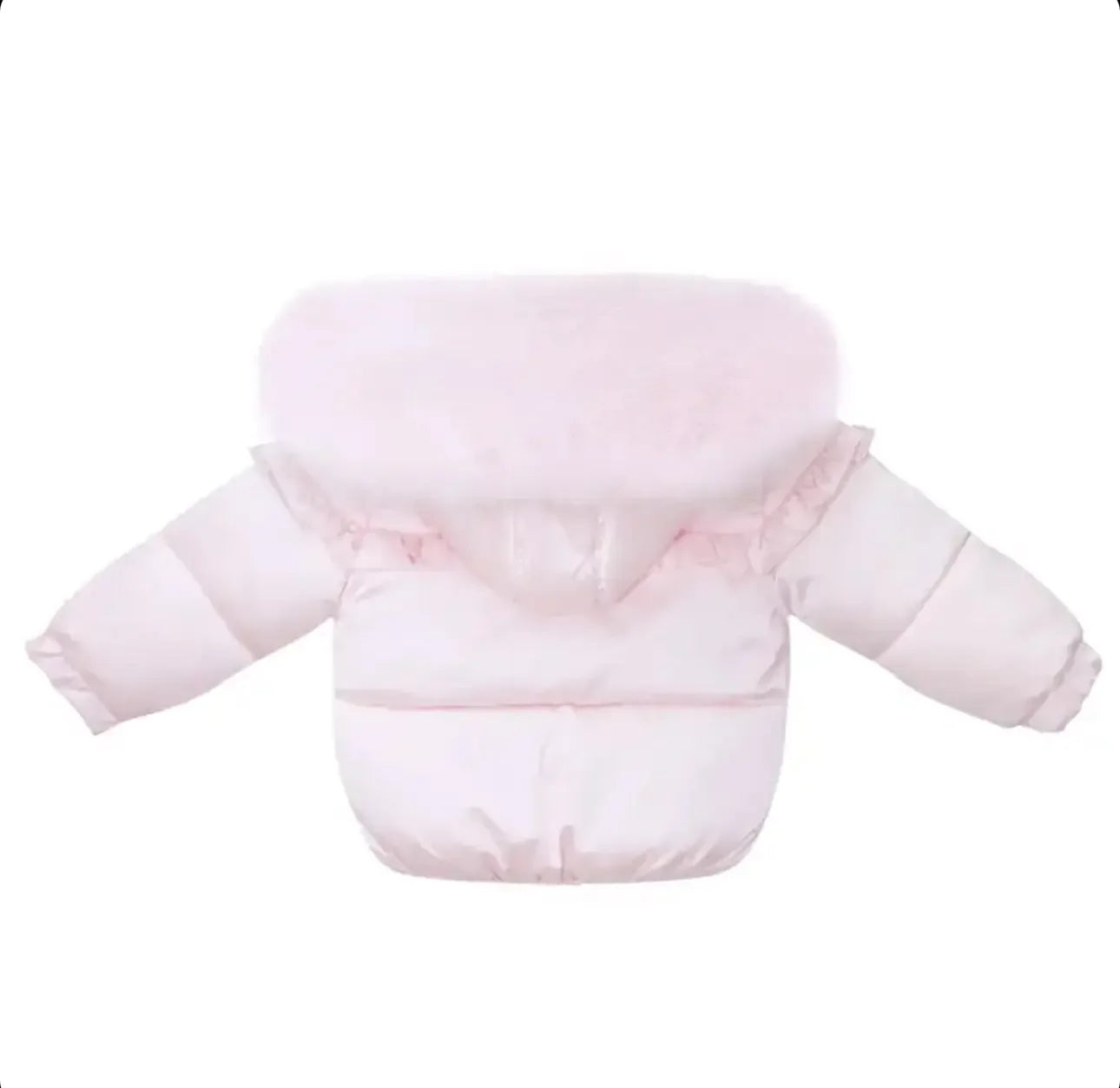 Light pink baby puffer winter jacket with fluffy hood and ruffle detail