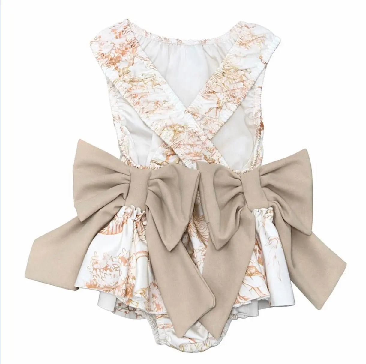 Girls Summer Beige Toile Frilly Bow Swimming Costume Dainty Delilah