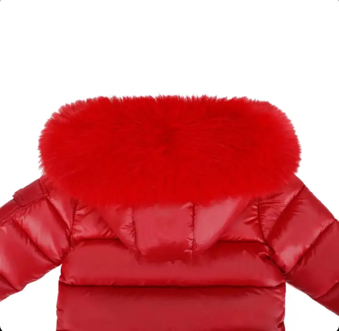 Red puffer jacket with a large fluffy red fur hood, winter outdoor coat