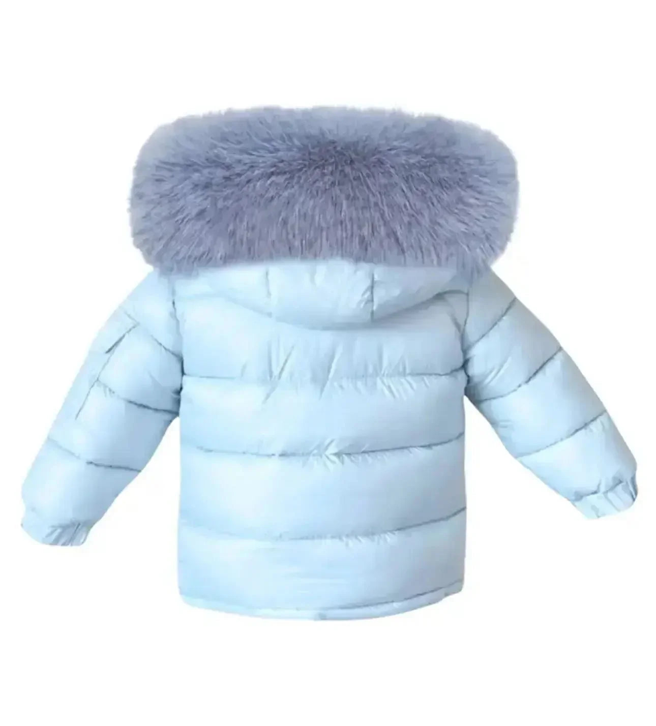 Light blue puffer jacket with large fluffy fur hood, back view on white background