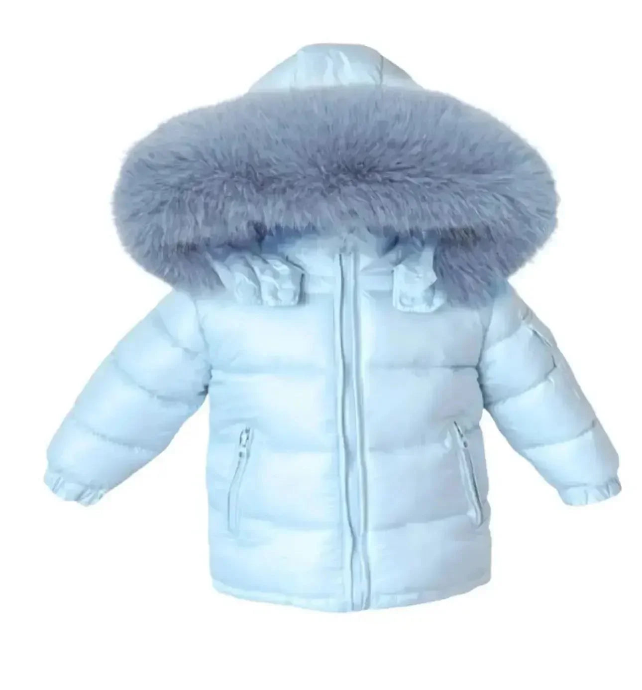 Light blue puffer winter jacket with thick gray fur hood and front zipper pockets