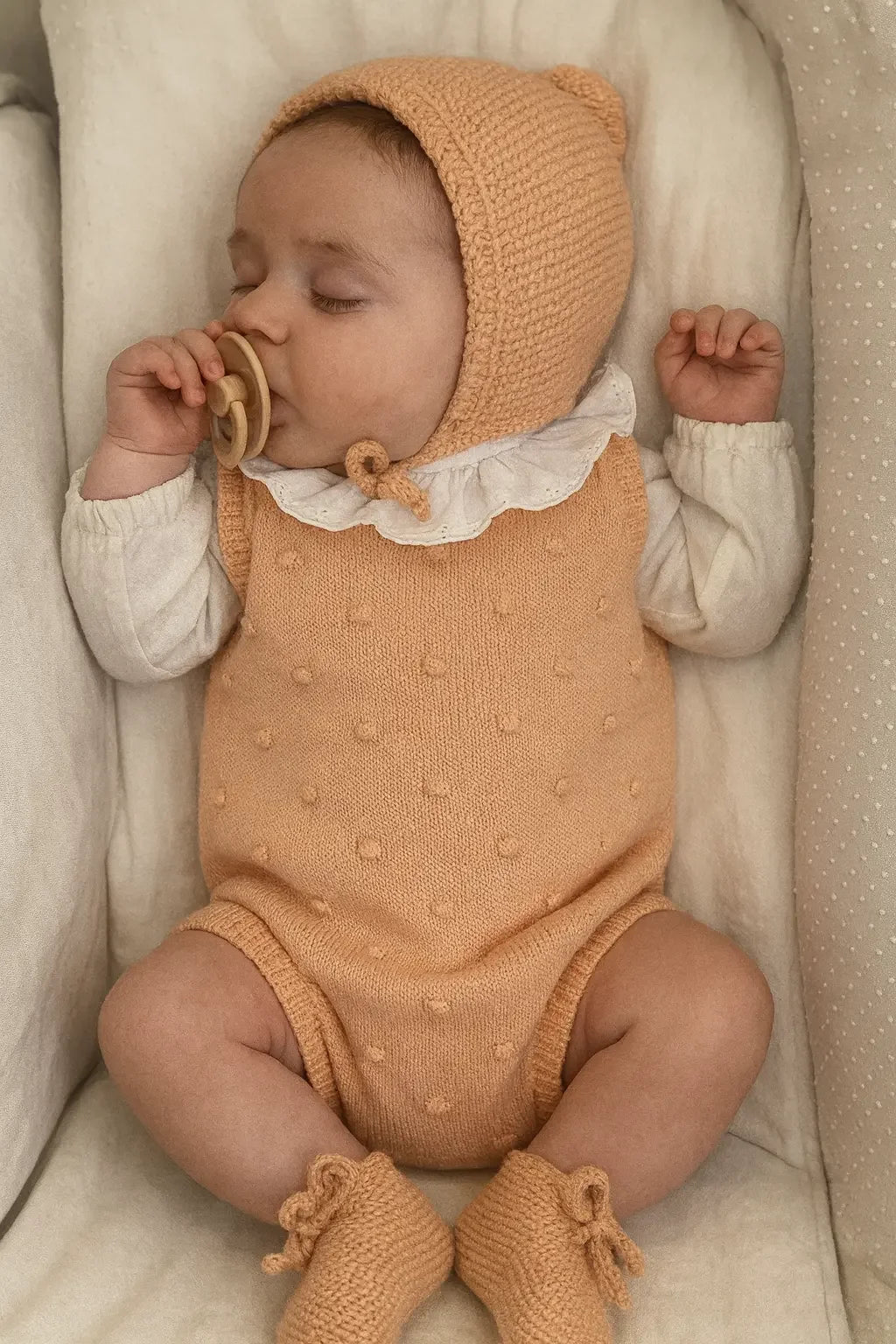 Sleeping baby in knitted peach outfit with bonnet and booties, holding pacifier, lying on soft beige bedding