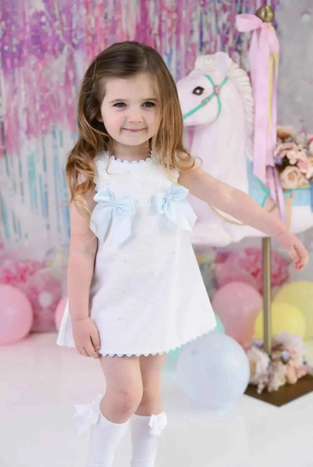 SS26 Baby Girls White & Blue A Line Dress