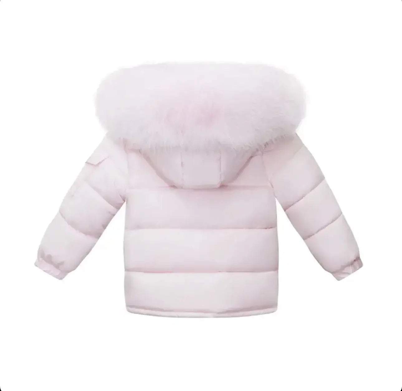 Back view of light pink puffer jacket with fluffy hood trim and long sleeves