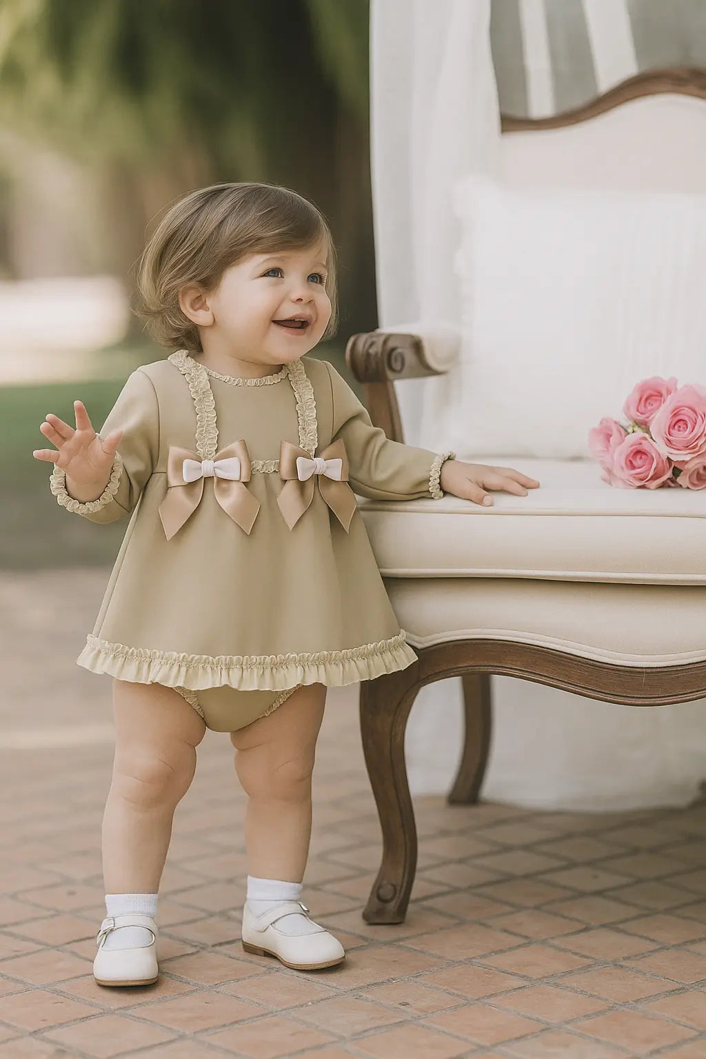 Baby Girls Camel Lace Frilly Dress & Knickers Dainty Delilah