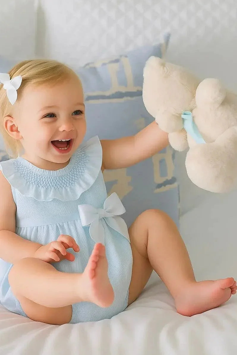 Baby Girls Smock Blue Bow Summer Romper Dainty Delilah