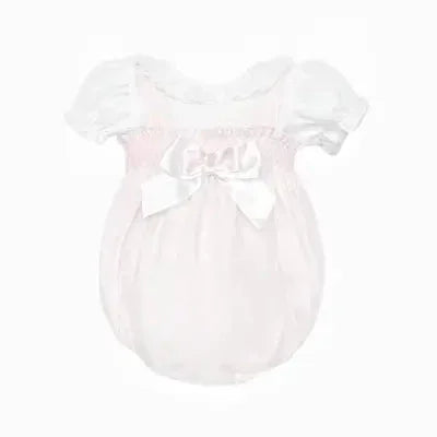 White and pink baby girls summer romper with puff sleeves and large satin bow