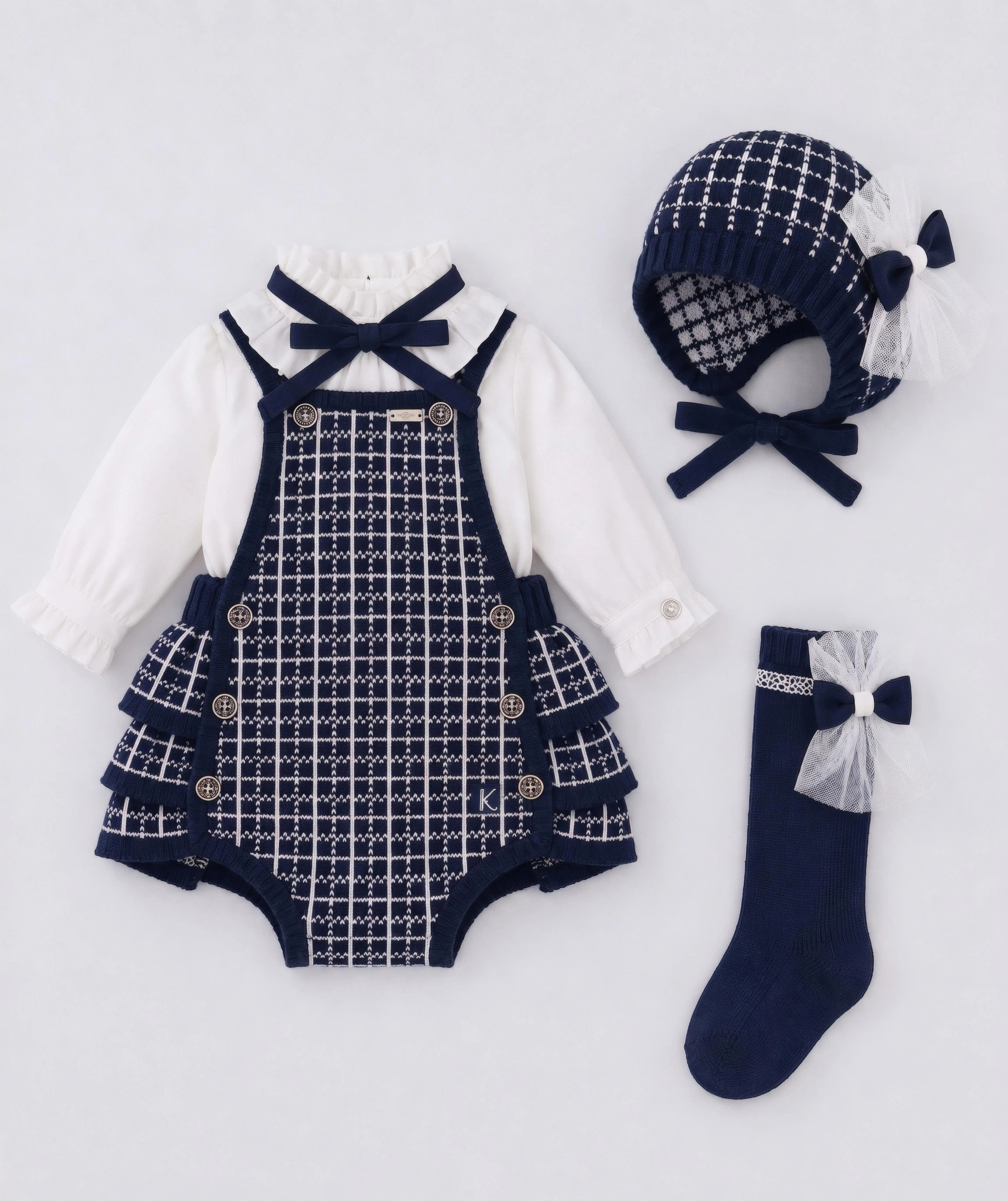 AW26 Rahigo Baby Girls Navy Cardigan,Pinafore,Shirt,Bonnet & Socks Rahigo Moda Infantil