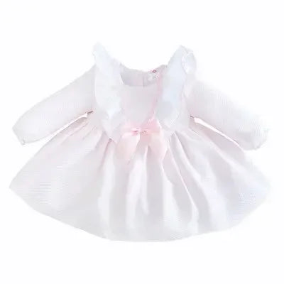 Soft pink baby dress with long sleeves, frilled collar, and bow detail