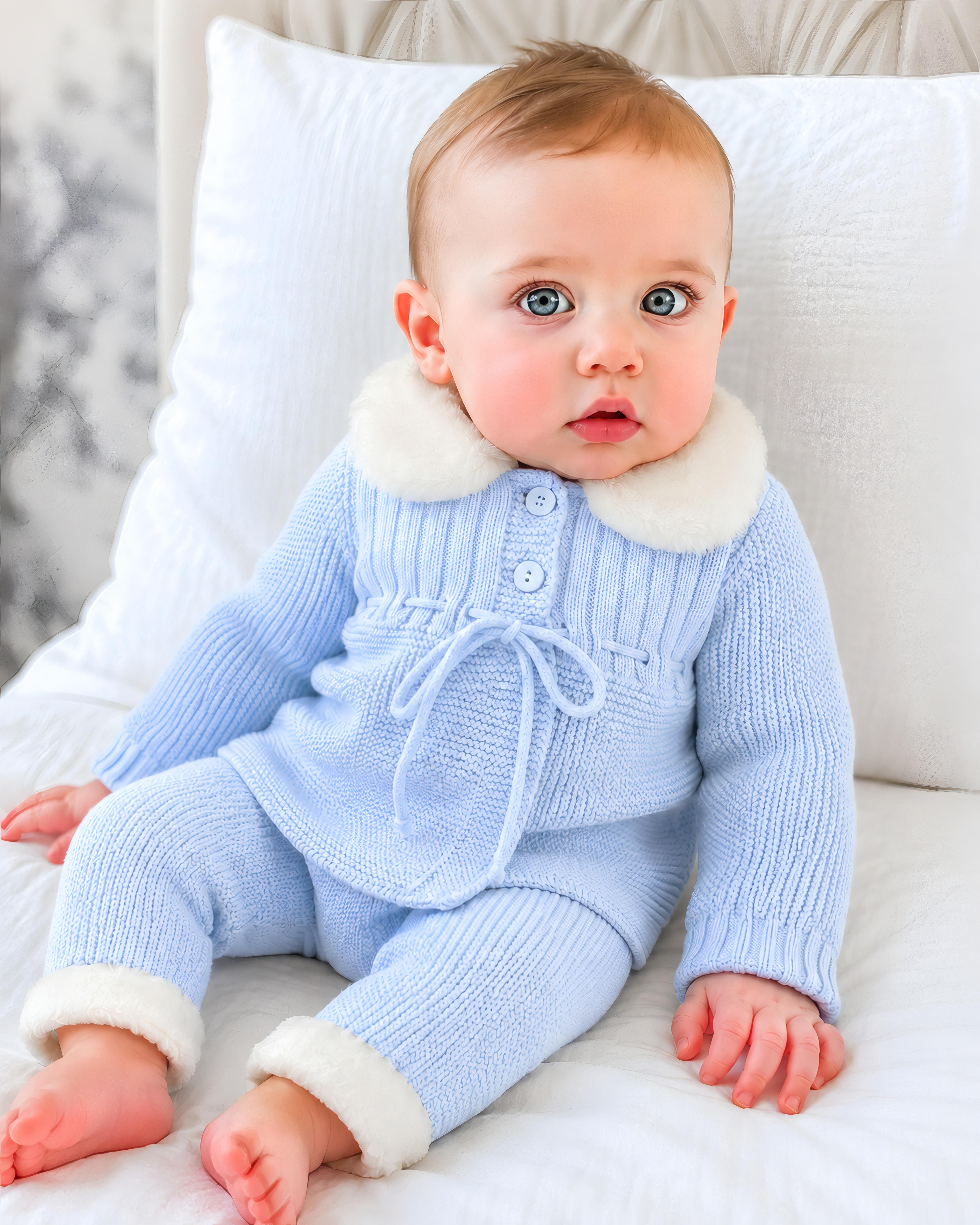 AW26 Baby Unisex Blue Knitted Fur House Coat & Legging Set, cozy outfit with soft collar, available in sizes 1-5 years.