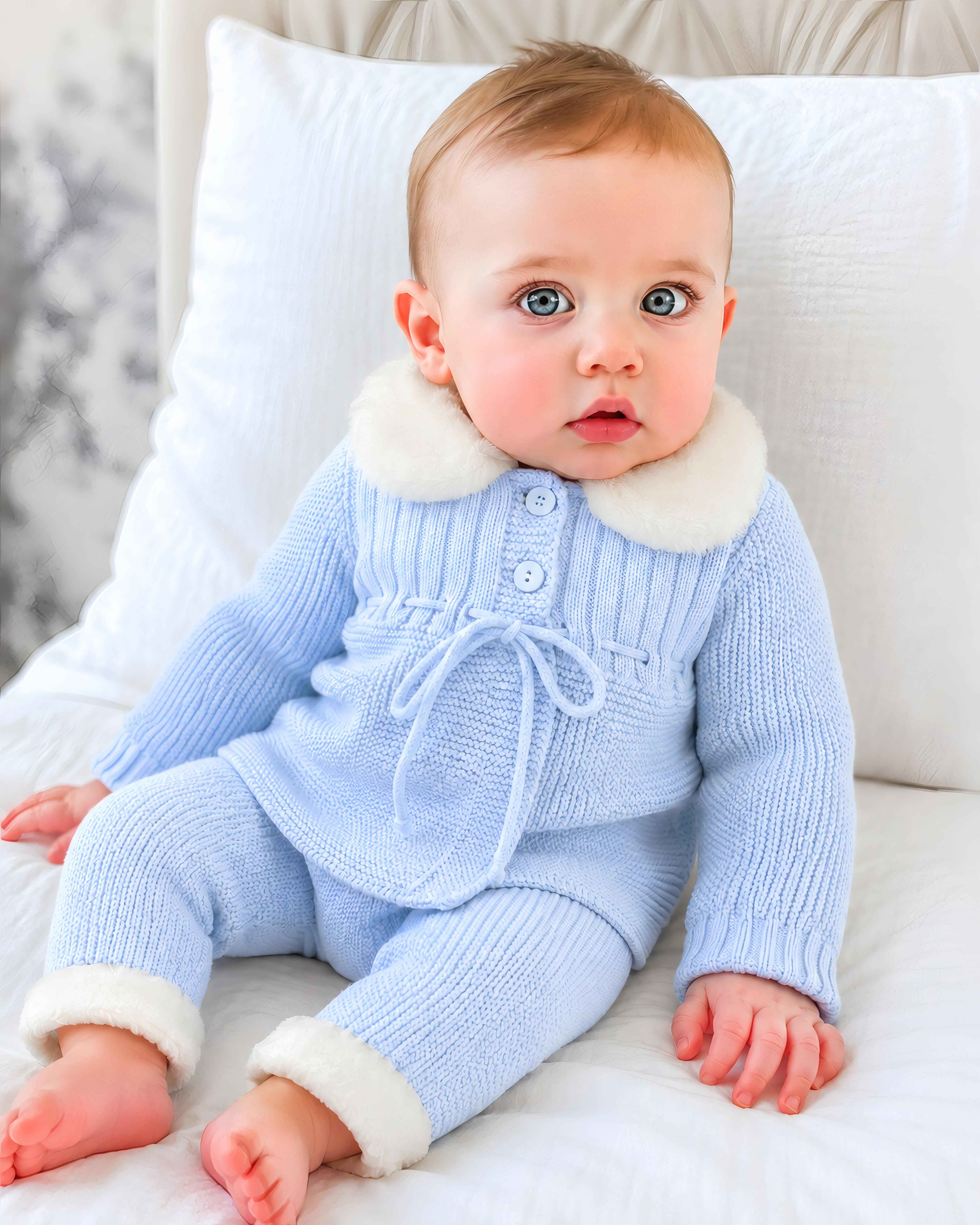AW26 Baby Unisex Blue Knitted Fur House Coat & Legging Set