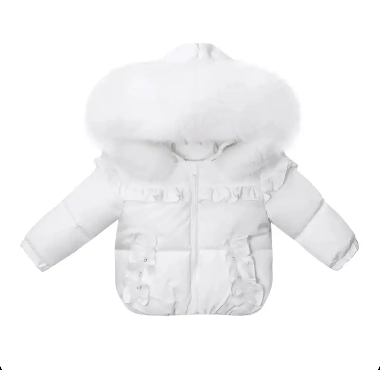 Girls White Frilly Fur Hood Puffa Coat Dainty Delilah