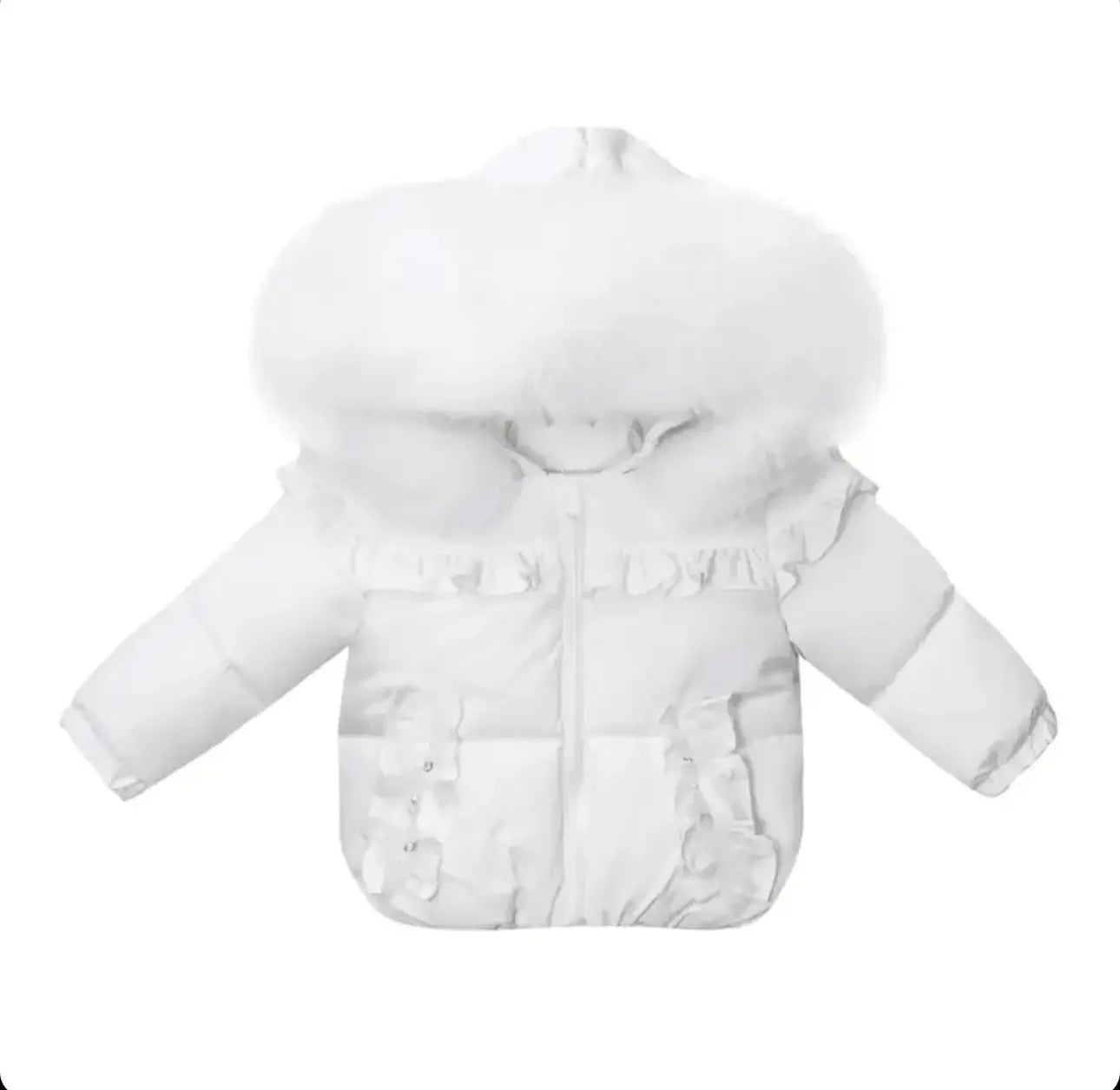 White children's winter puffer jacket with fluffy hood trim and ruffle details
