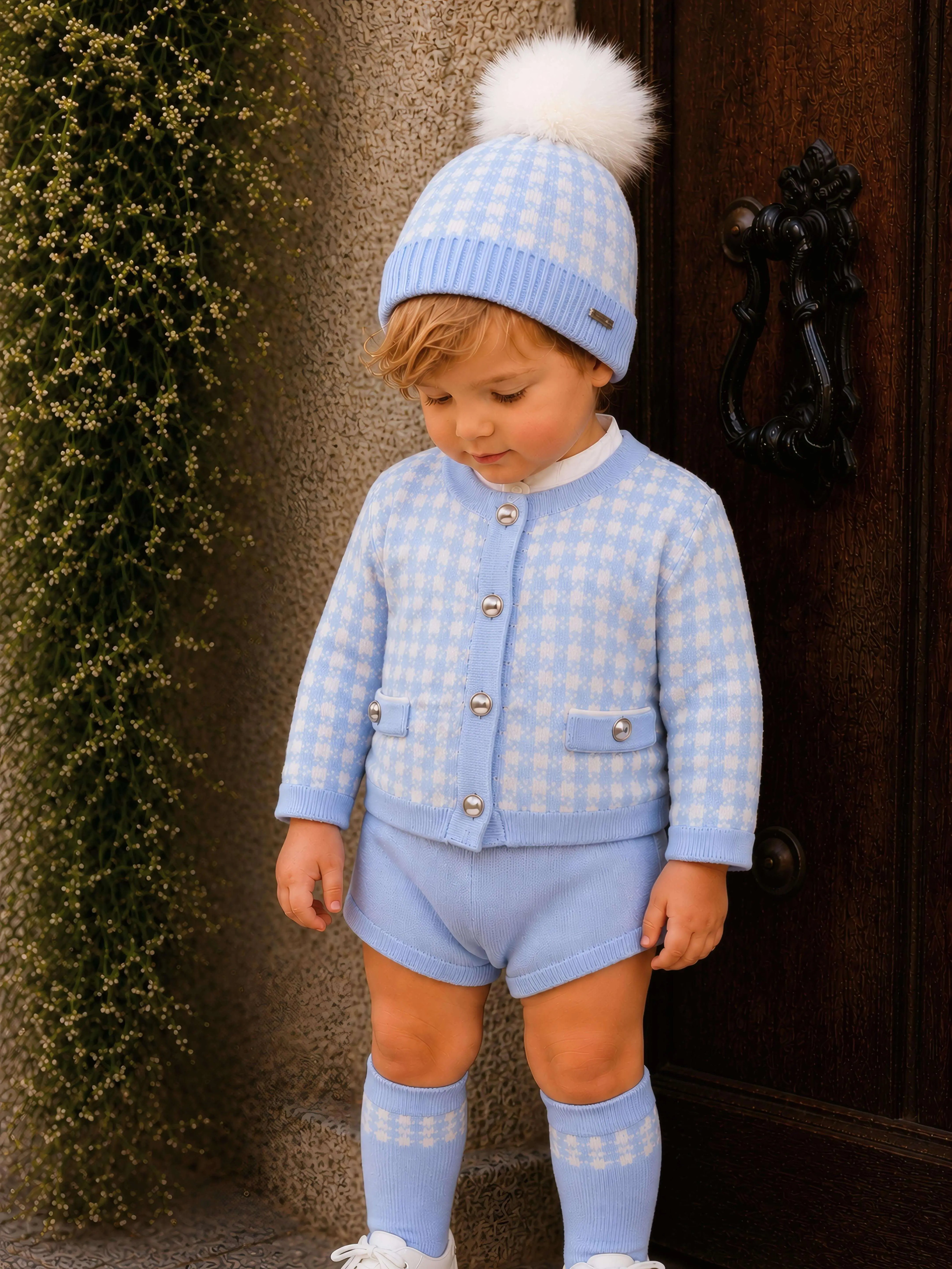 AW26 Rahigo Boys EXCLUSIVE Baby Blue Knit Short Set with Cardigan, Hat & Socks Rahigo Moda Infantil