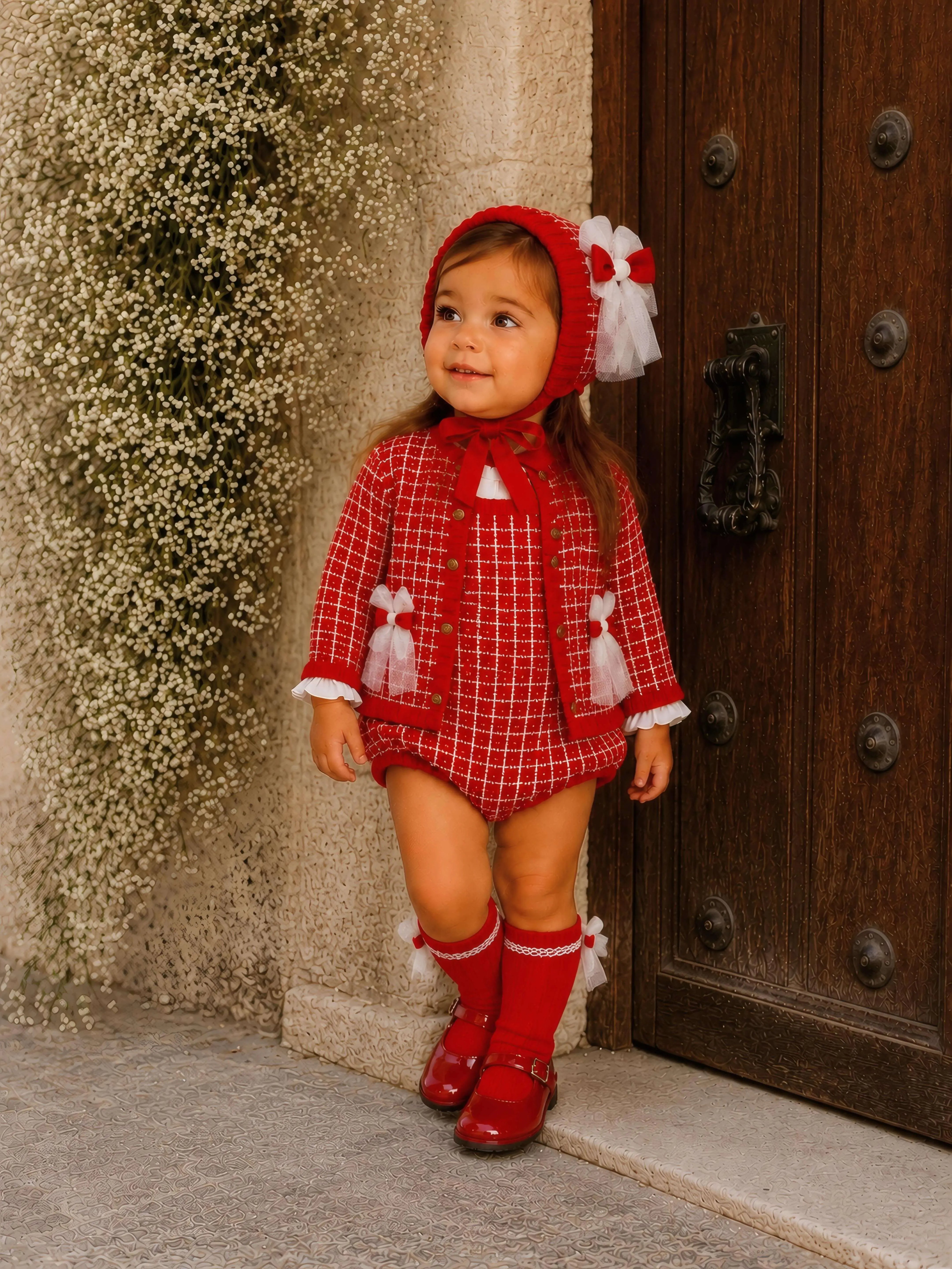 AW26 Rahigo Baby Girls Red Cardigan,Pinafore,Shirt,Bonnet & Socks Rahigo Moda Infantil