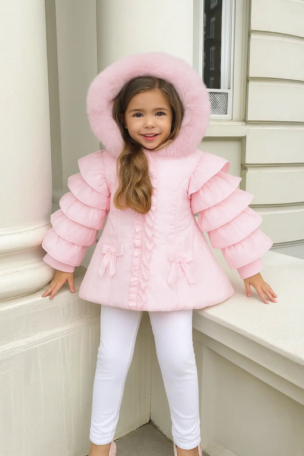 Girls Pink Bow Frilly Coat Dainty Delilah