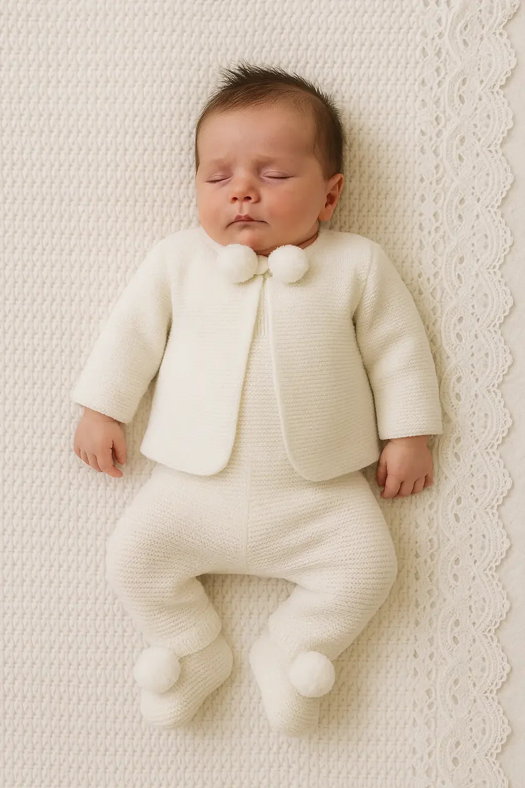 Sleeping baby dressed in white knit outfit with pom-poms on blanket with lace edging