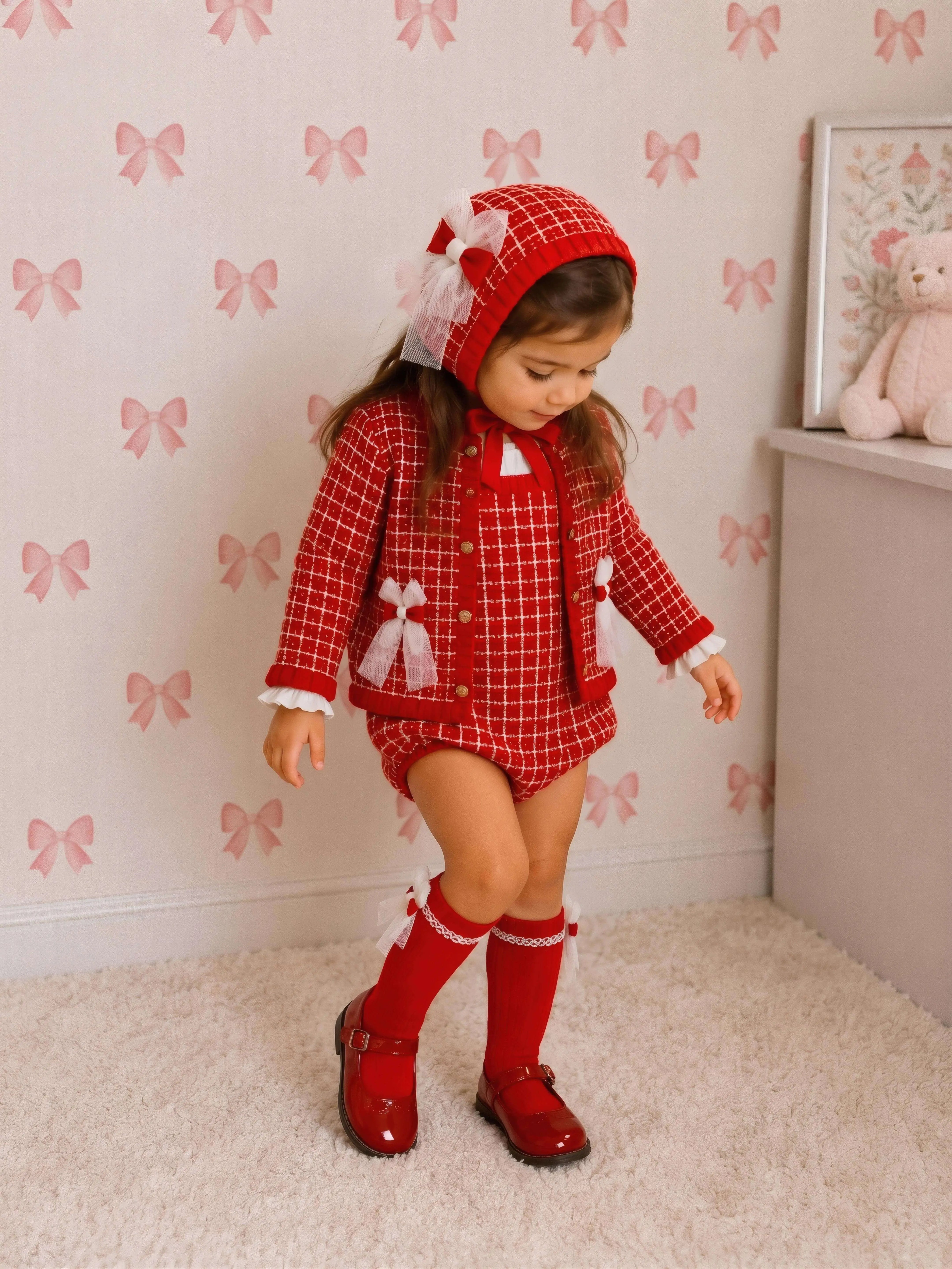 AW26 Rahigo Baby Girls Red Cardigan,Pinafore,Shirt,Bonnet & Socks Rahigo Moda Infantil