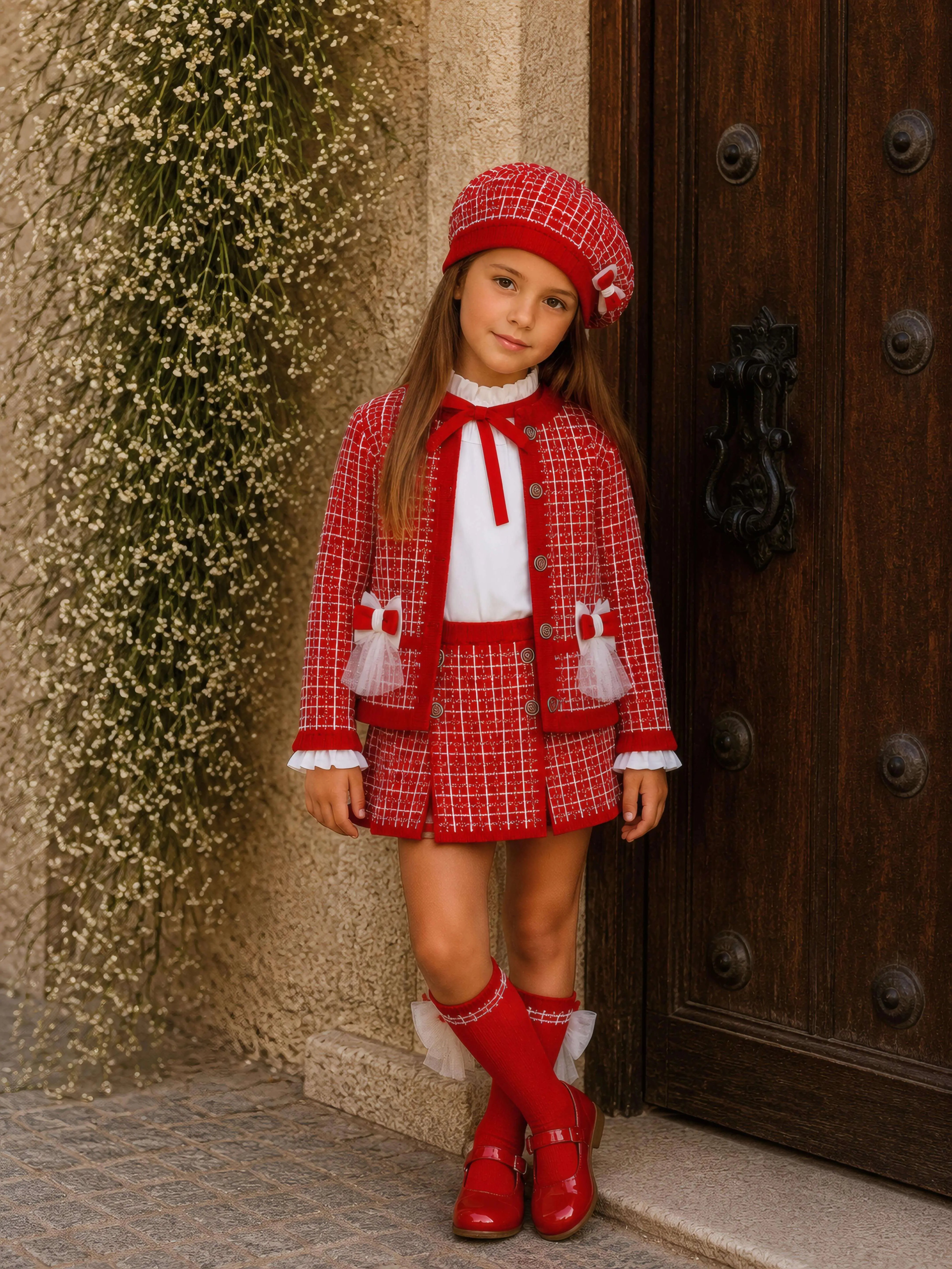 AW26 Rahigo Red Knit Skirt Set with Cardigan, Beret & Socks Rahigo Moda Infantil