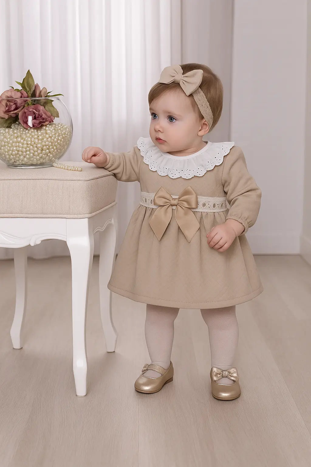 Baby Girls Camel Lace Pique Ribbon Dress Dainty Delilah