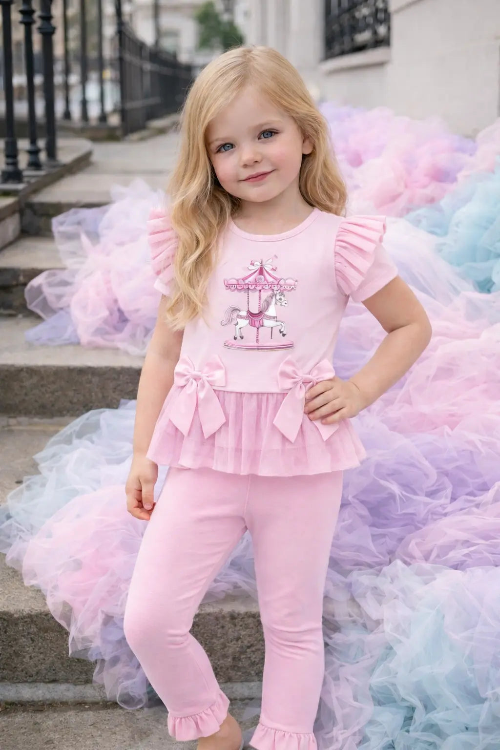 SS26 Girls Pink Tulle Carrousel T-Shirt & Legging Set Dainty Delilah
