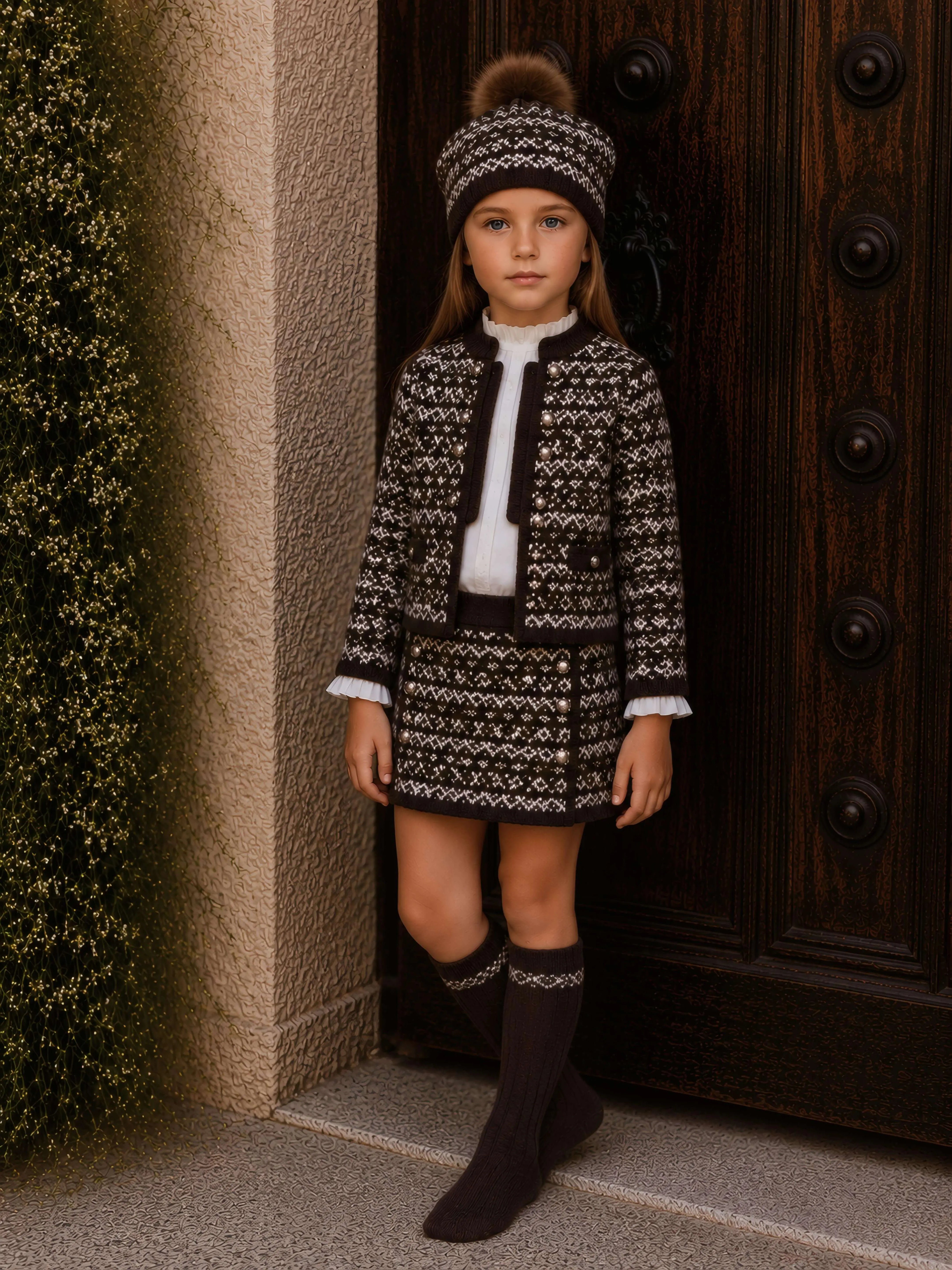 AW26 Rahigo Chocolate Knit Skirt Set with Cardigan, Beret & Socks Rahigo Moda Infantil