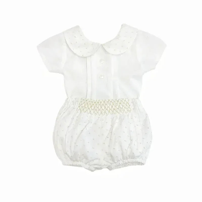 White baby boys short sleeve romper with peter pan collar and smocked waist detail