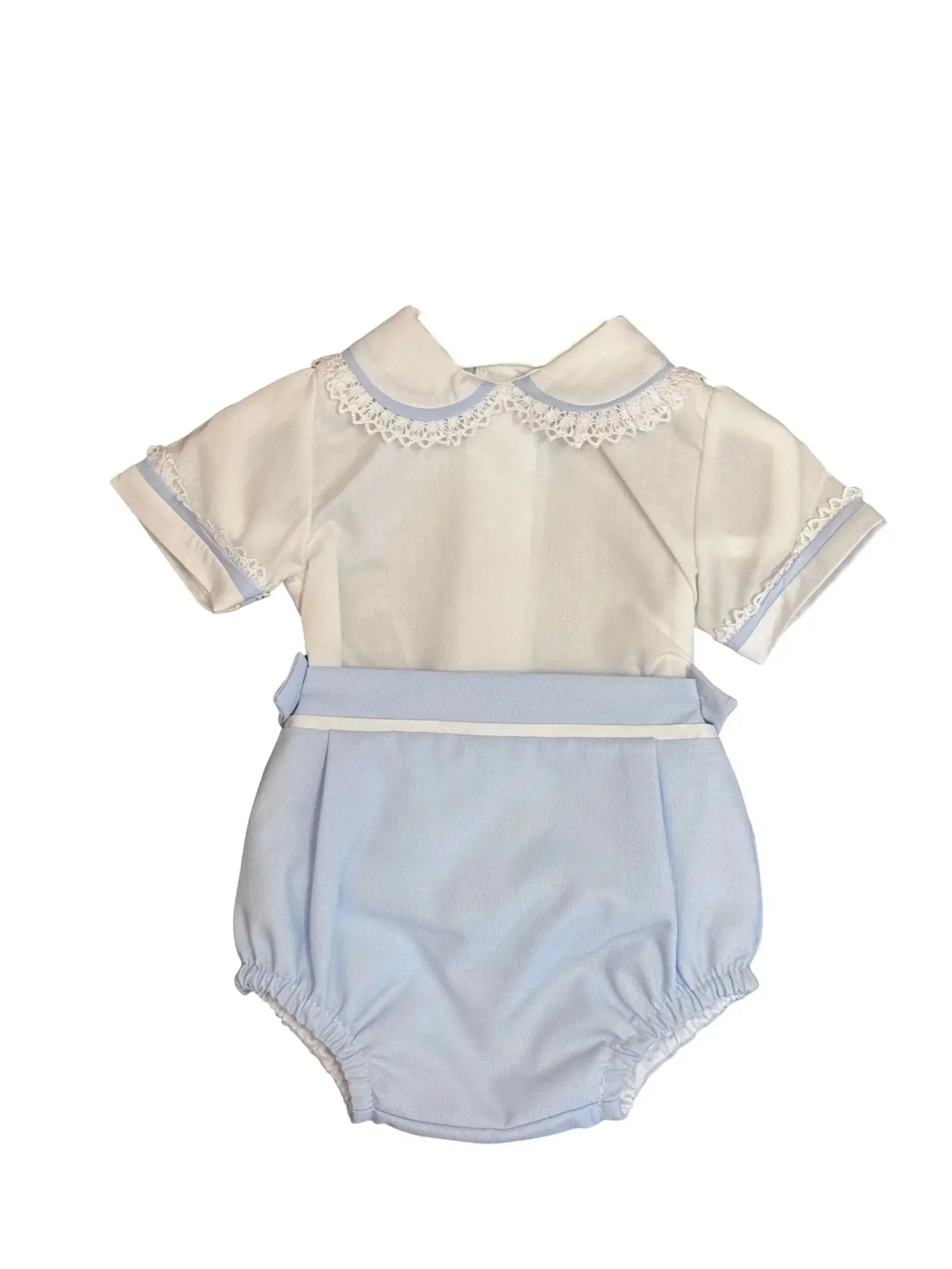 Baby girl pastel blue and white romper with lace collar and short sleeves