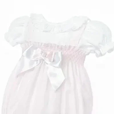 Dainty Delilah baby girls white and pink summer romper with puff sleeves and satin bow