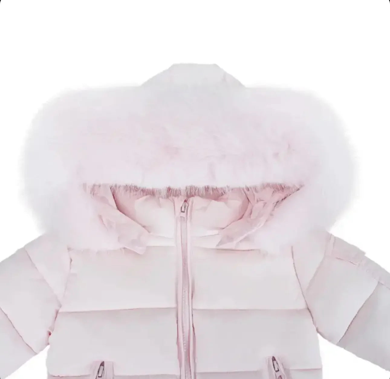 Light pink puffer jacket with fluffy fur hood and front zipper closure