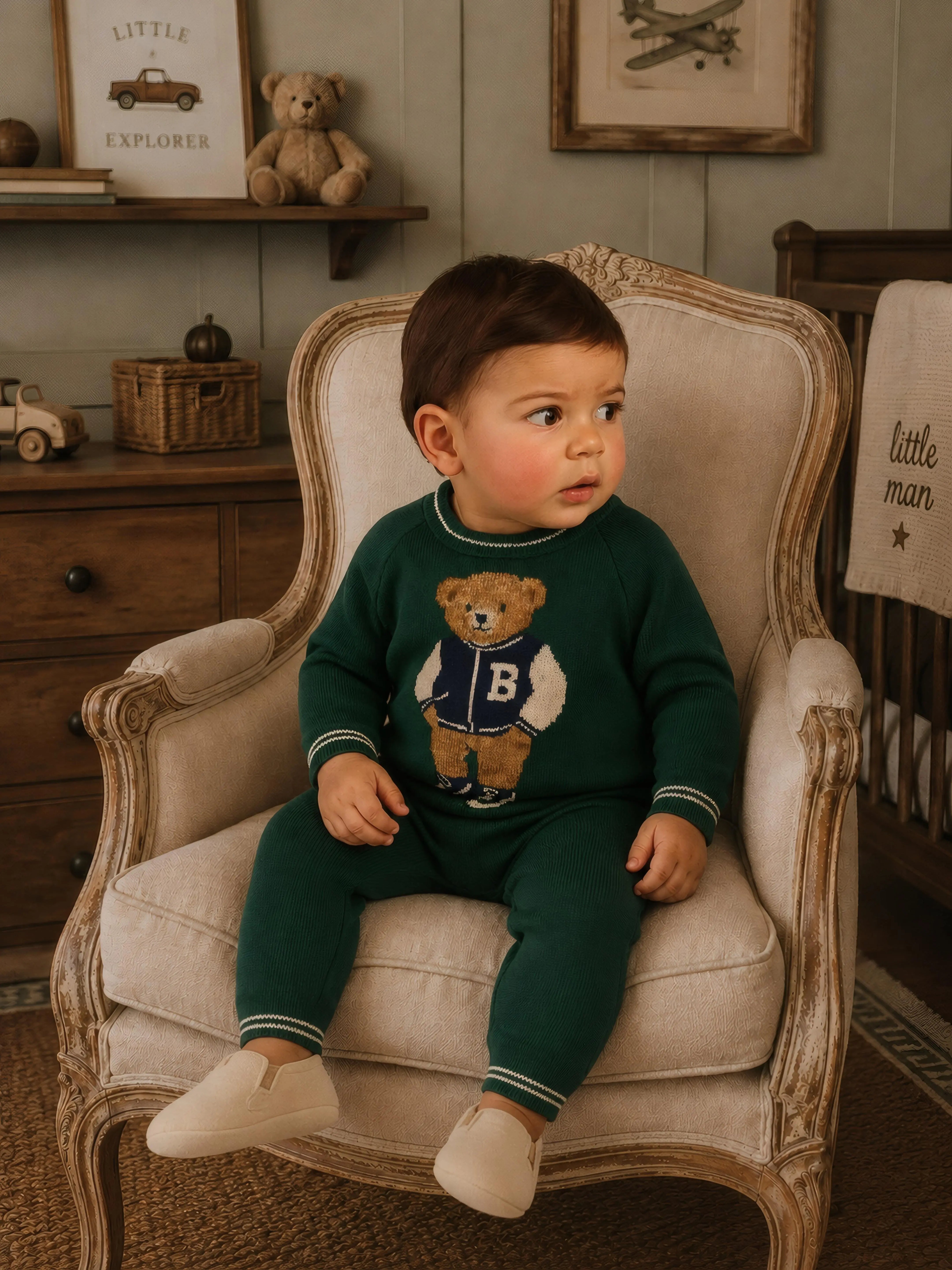 AW26 Dainty Delilah Baby Boys Green Knitted Bear Tracksuit Dainty Delilah