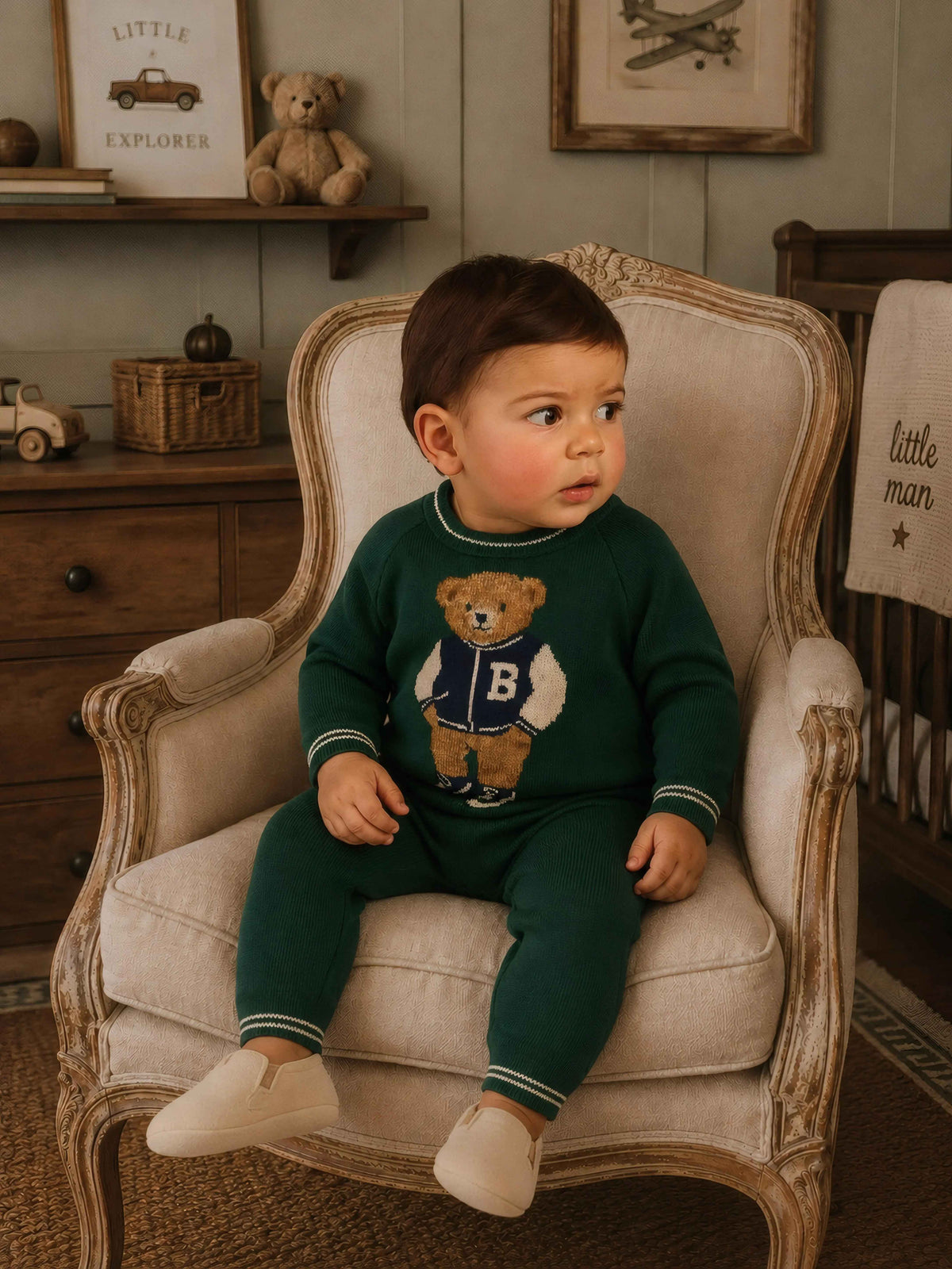 AW26 Dainty Delilah Baby Boys Green Knitted Bear Tracksuit