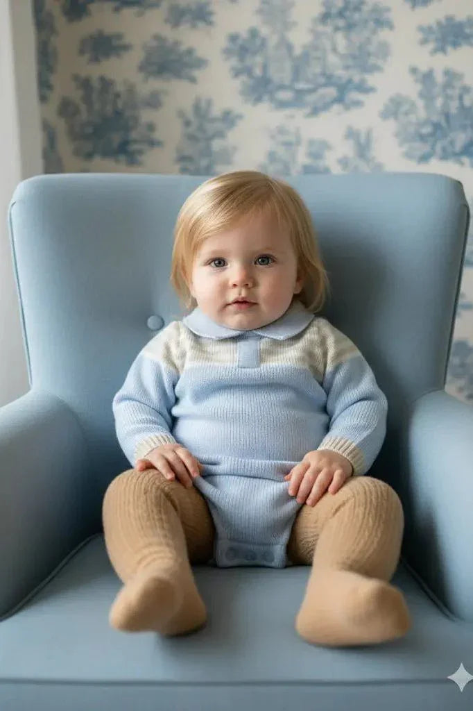 Boys Baby Blue & Camel Knitted Romper & Cardigan Dainty Delilah
