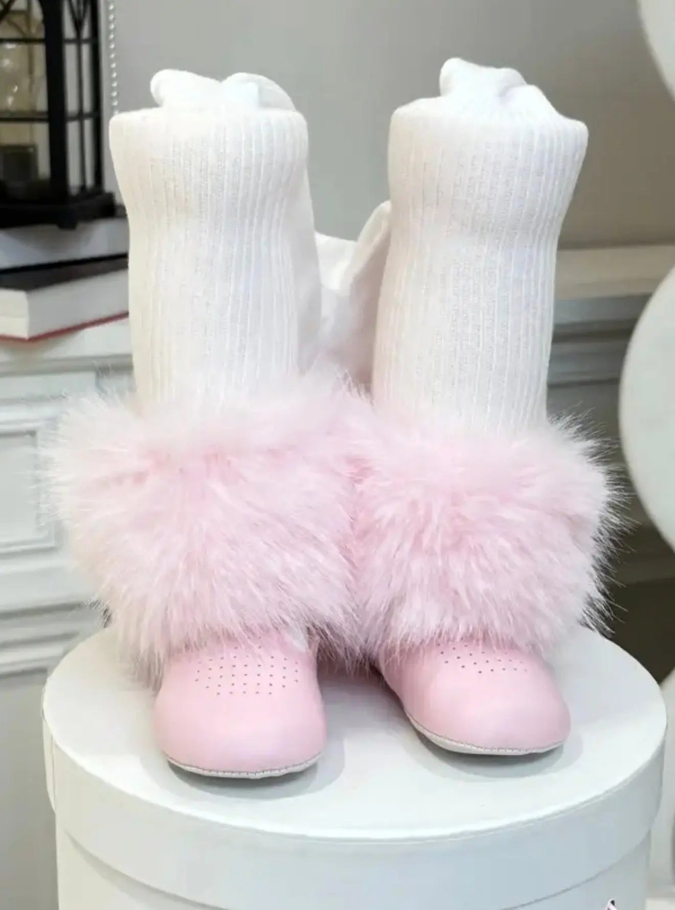 Baby Girls White Tights With Pink Fur Removable Cuffs Dainty Delilah