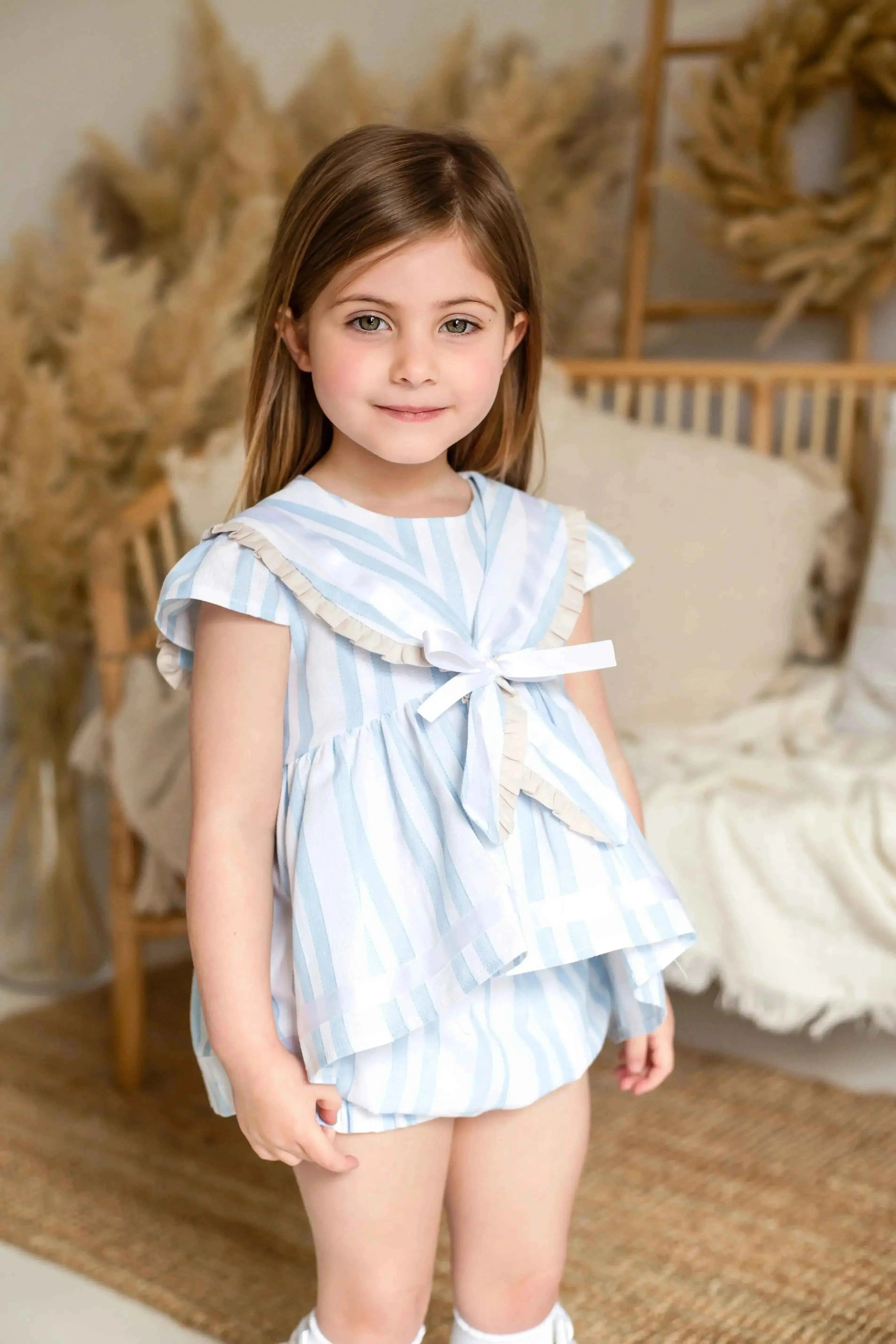 Exclusive Baby Blue Linen Stripe Sailor Short Set