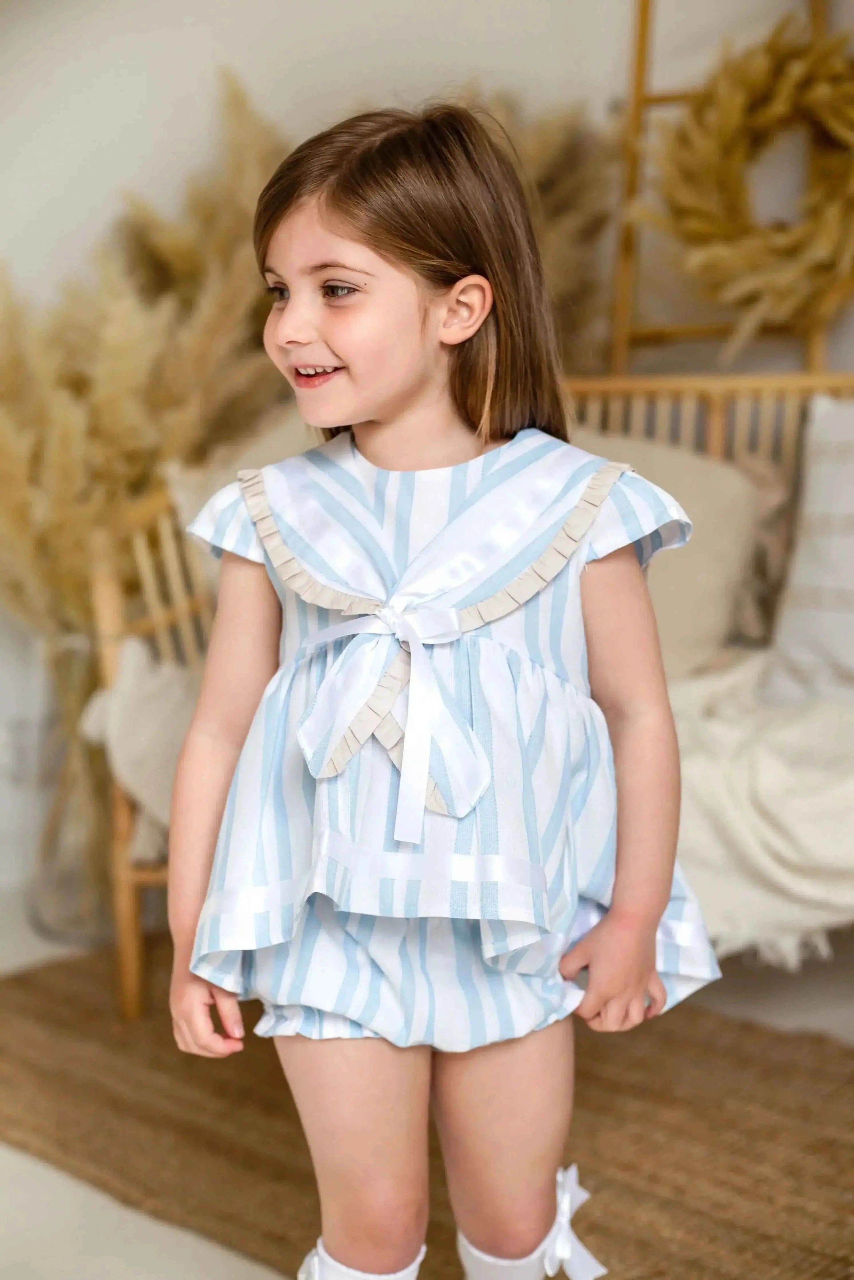 Exclusive Baby Blue Linen Stripe Sailor Short Set
