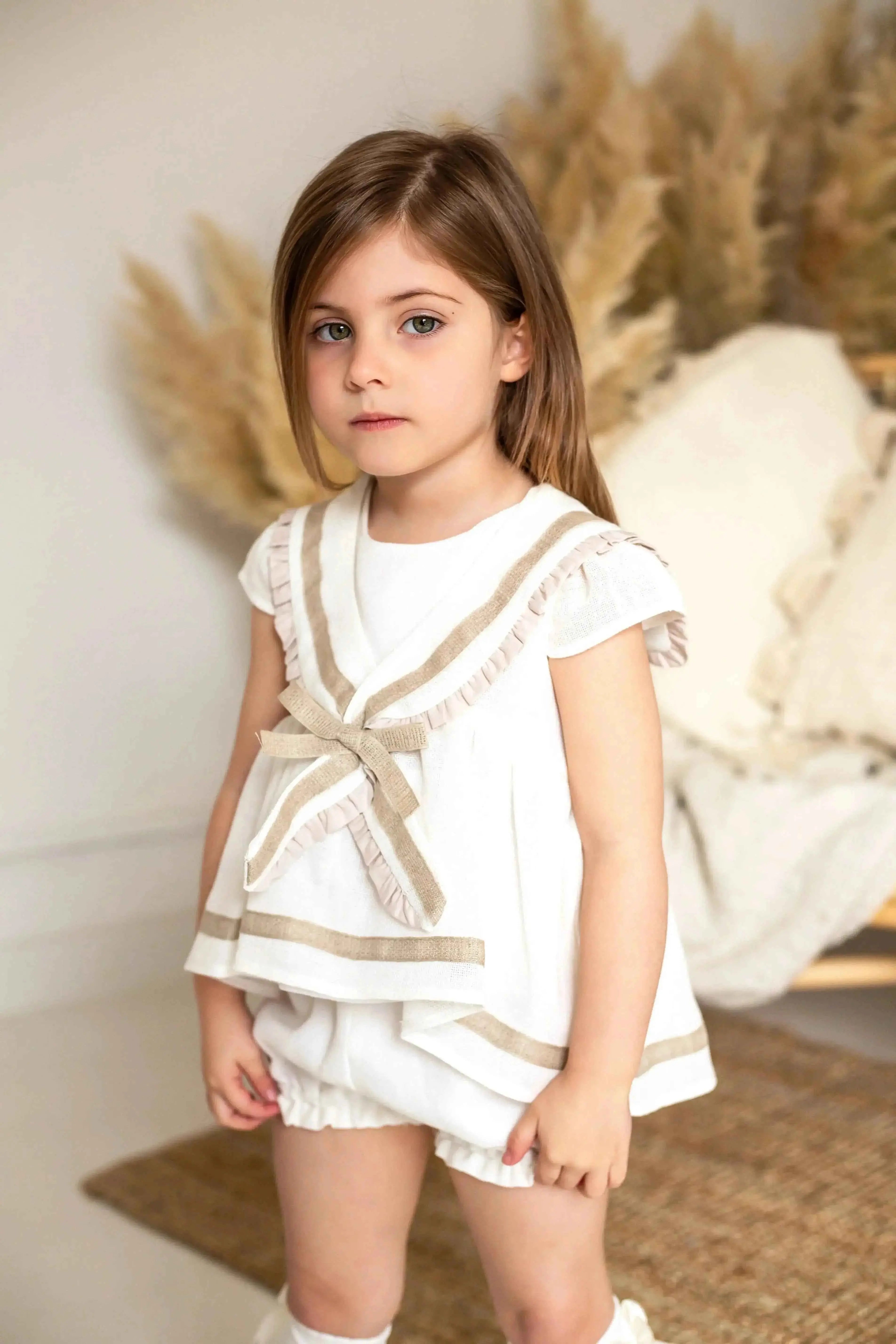Exclusive Girls Cream & Camel Sailor Short Set