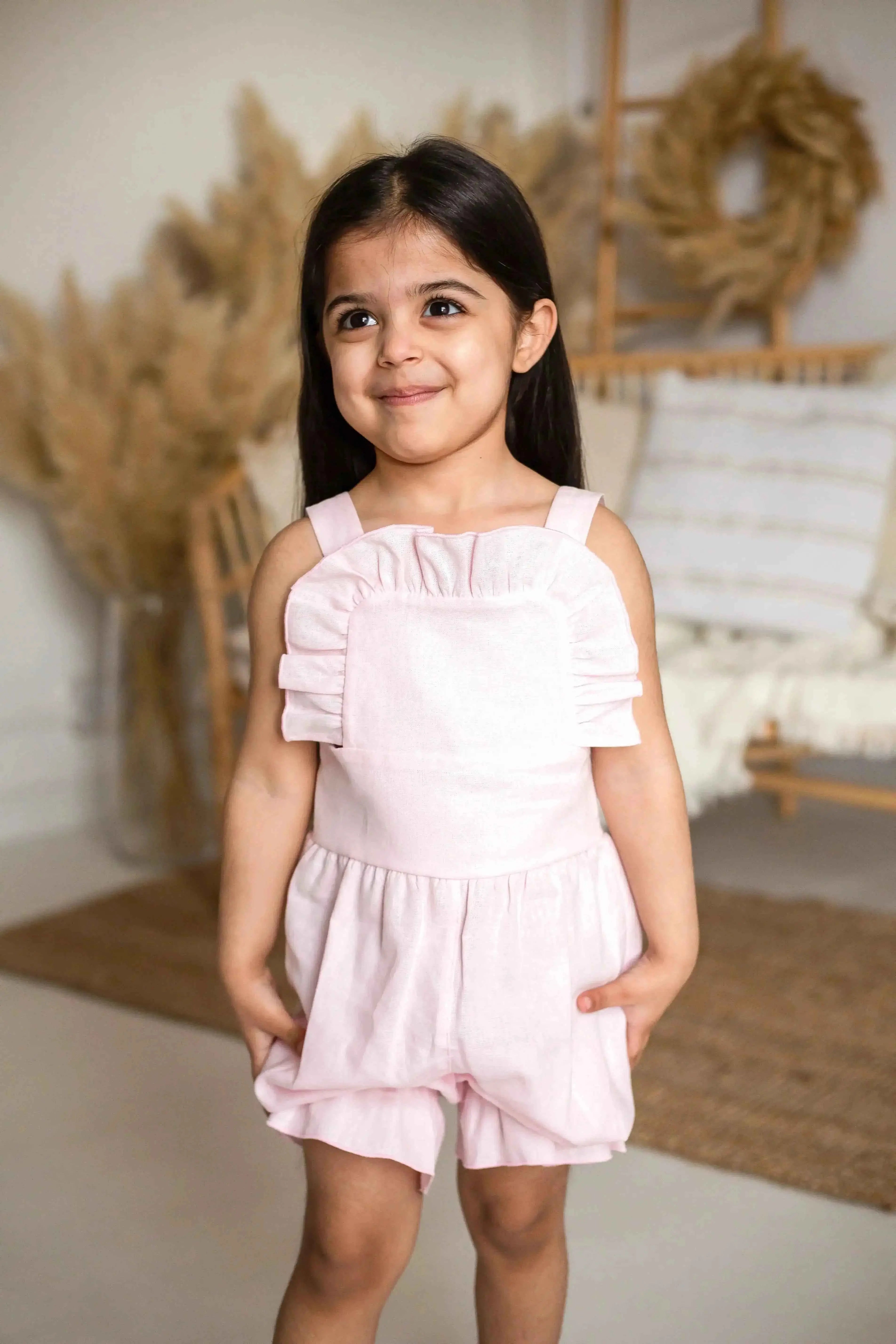 Exclusive Girls Pink Linen Frilly Jumpsuit