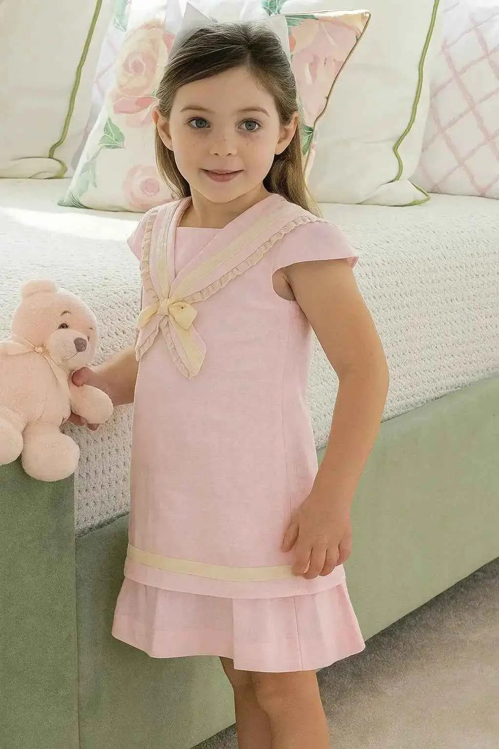 Exclusive Girls Pink Linen Sailor A Line Dress