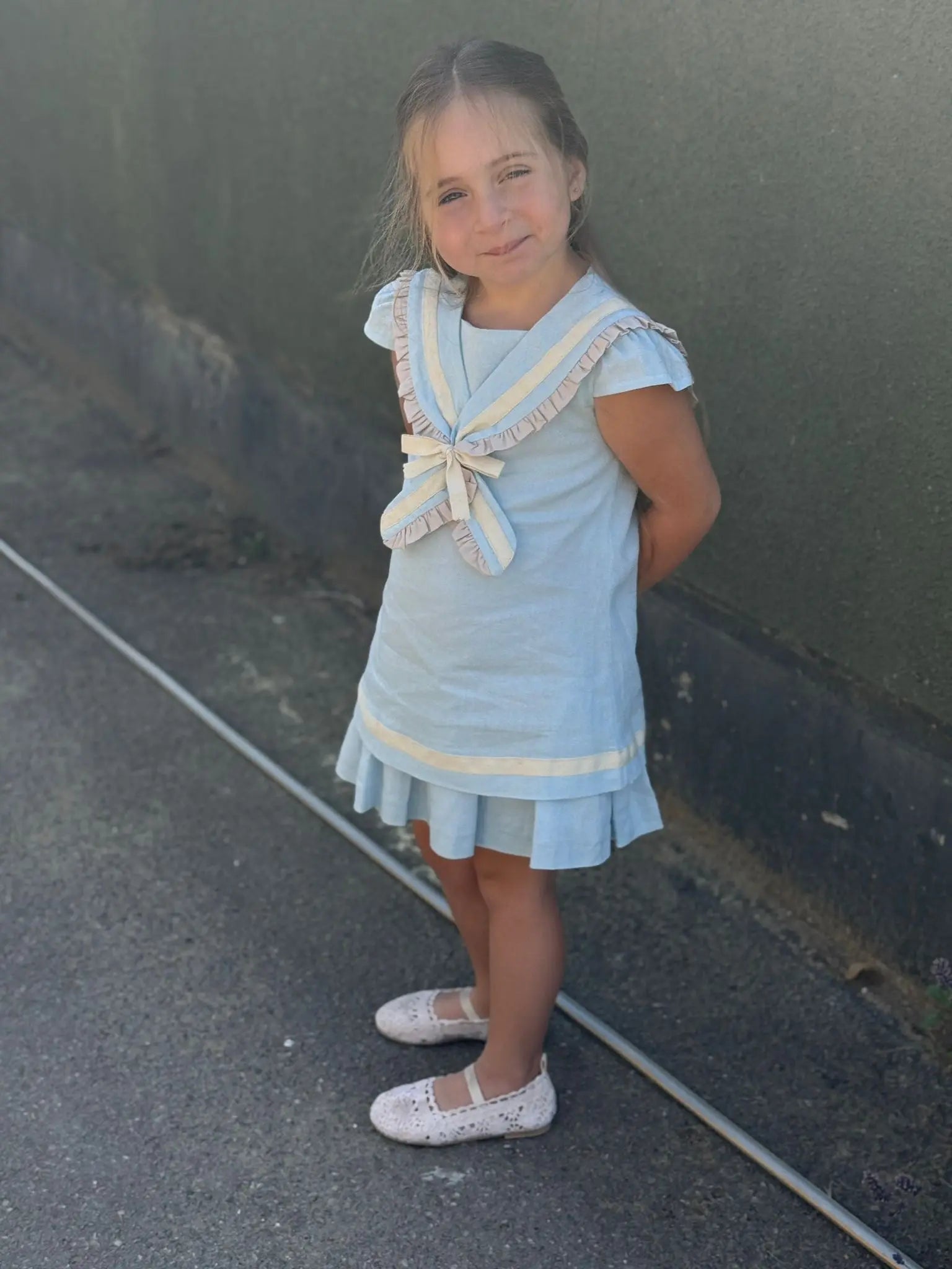 Exclusive Girls Baby Blue Linen Sailor A Line Dress Basmarti