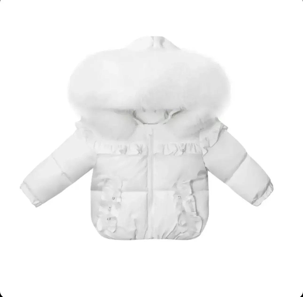 White baby winter jacket with fluffy fur-lined hood and decorative ruffles