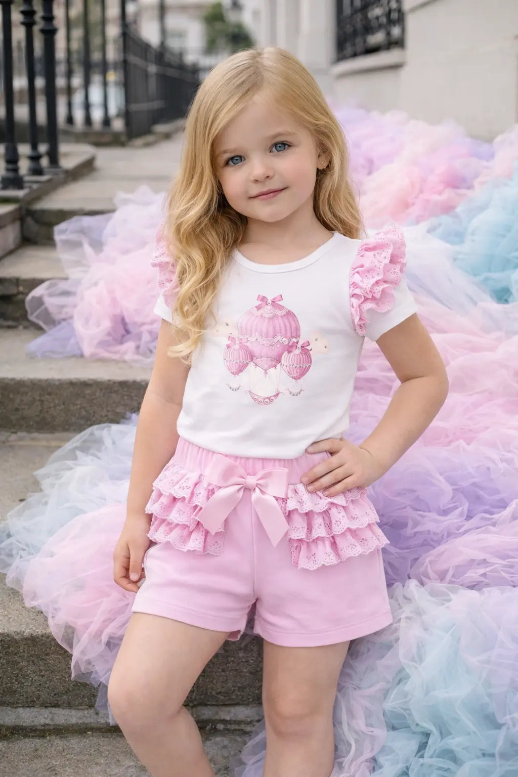 SS26 Girls Pink Air Balloon Summer T-Shirt & Short Set Dainty Delilah