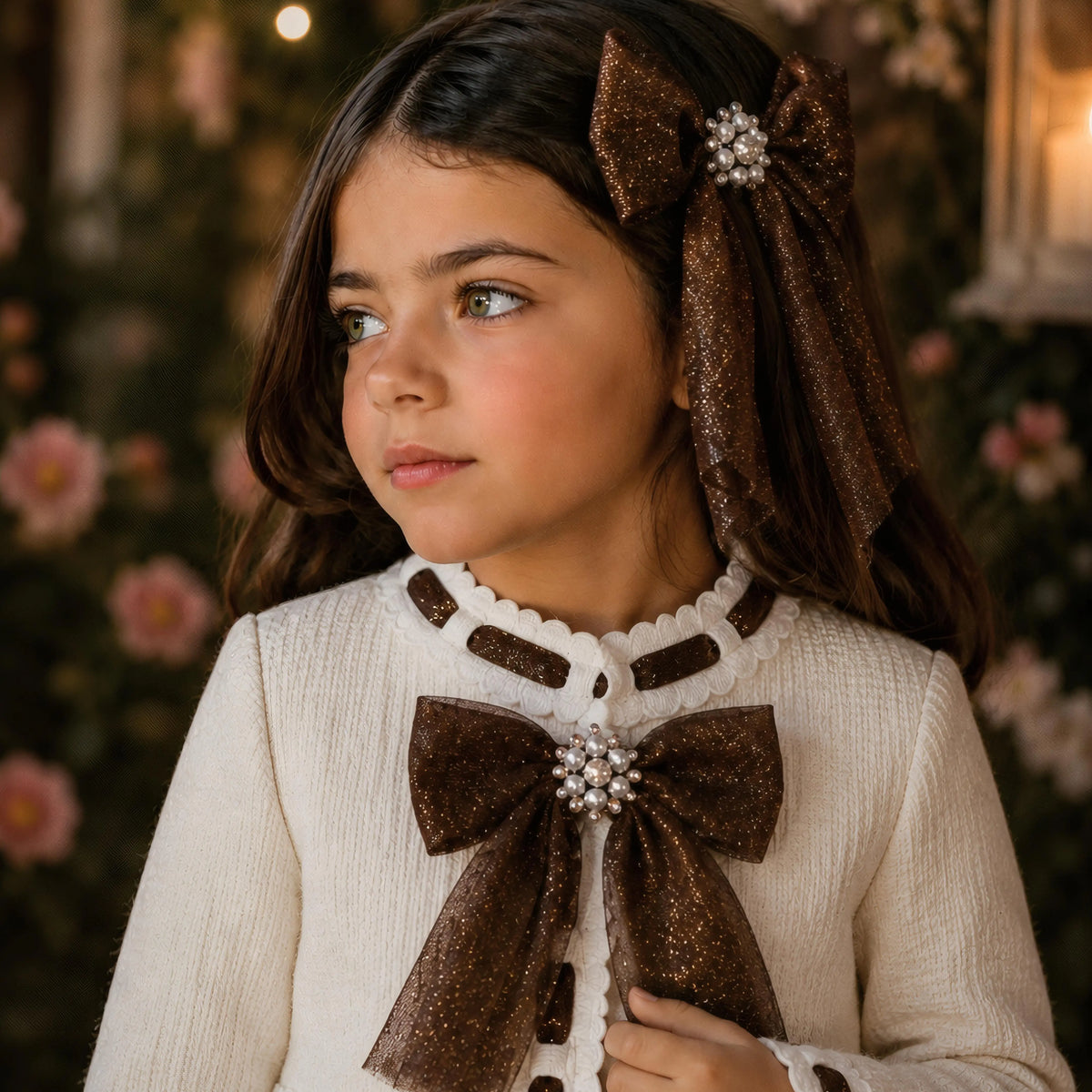 AW26 Naxos Chocolate Glitter Tulle Hair Bow, chocolate-colored with glitter effect, one size available.