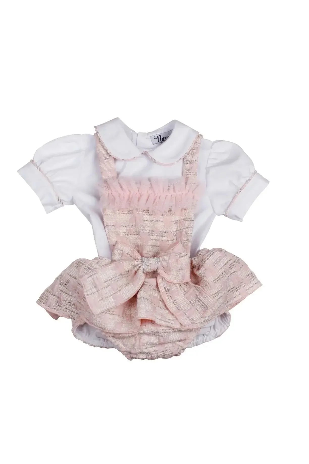 SS26 Naxos Baby Girls Pink Ruffle Shirt & H Bar Romper Naxos